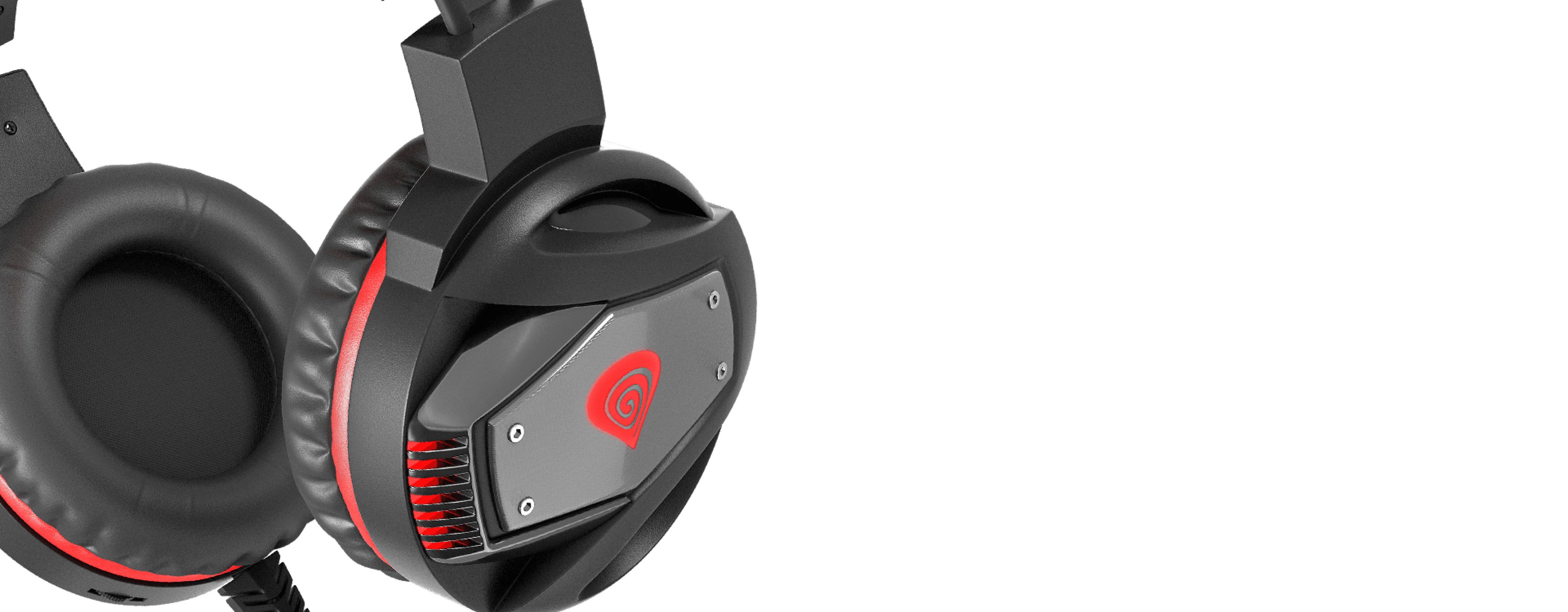 Headphones with padded ear cups and a distinct black and silver design with red accents.