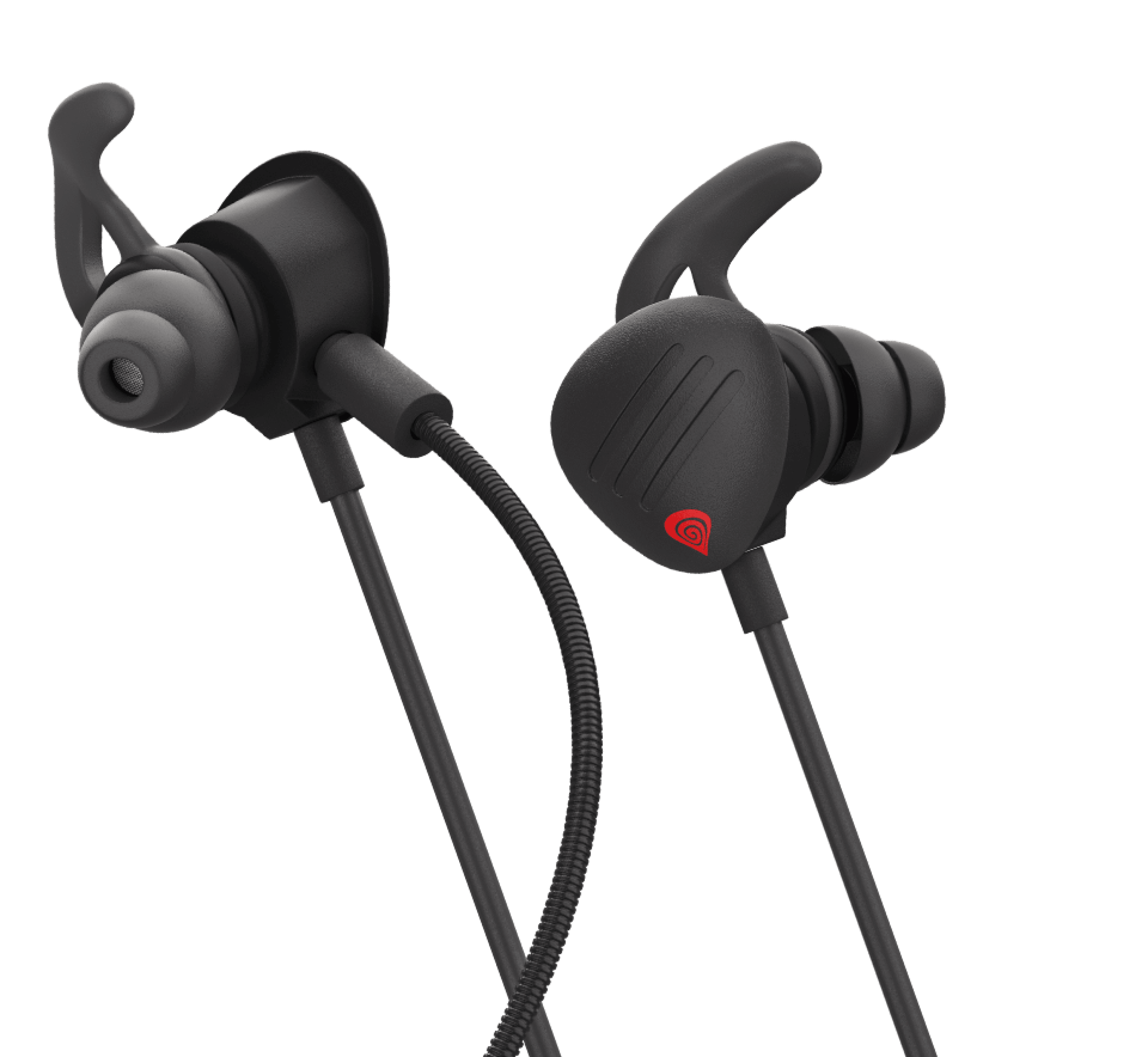 Earbuds with curved ear hooks and a flexible connecting cable, designed for secure fit.