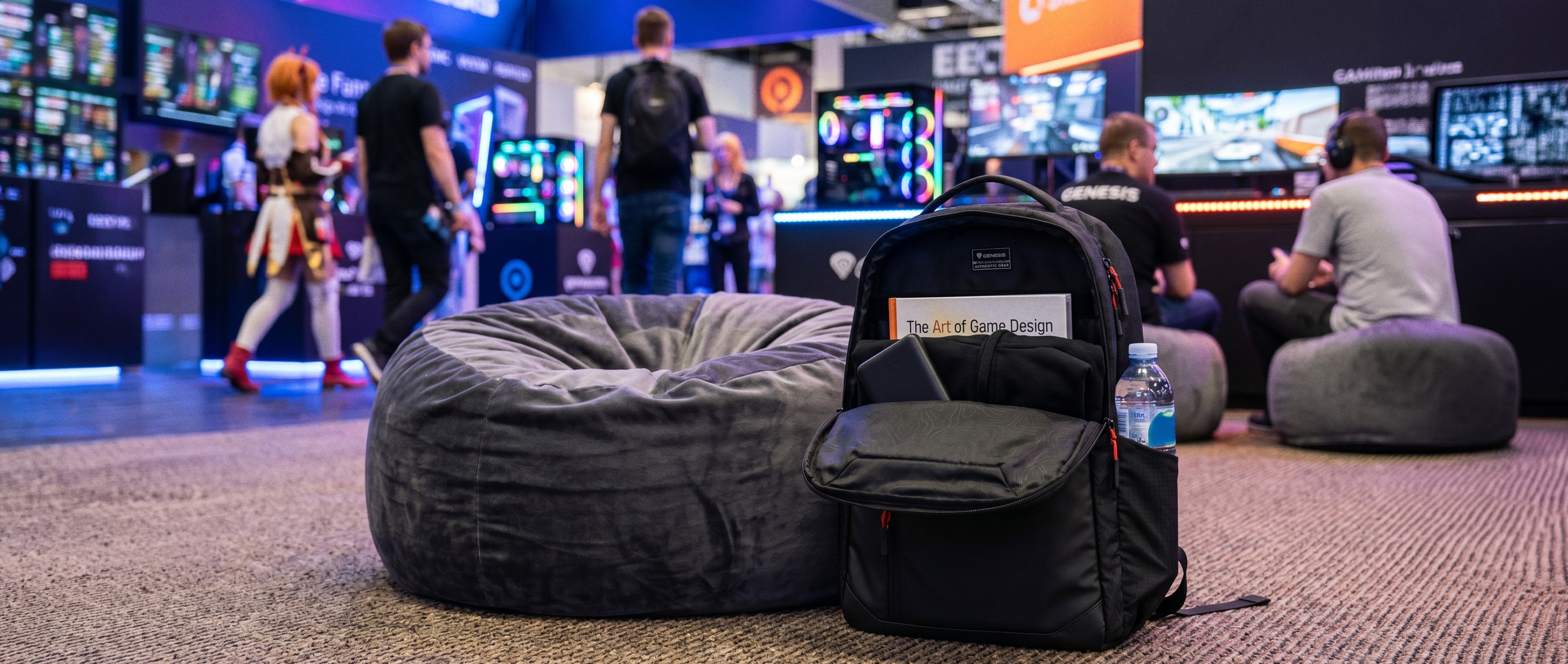 A black backpack is placed on the floor near a large bean bag in an event setting.