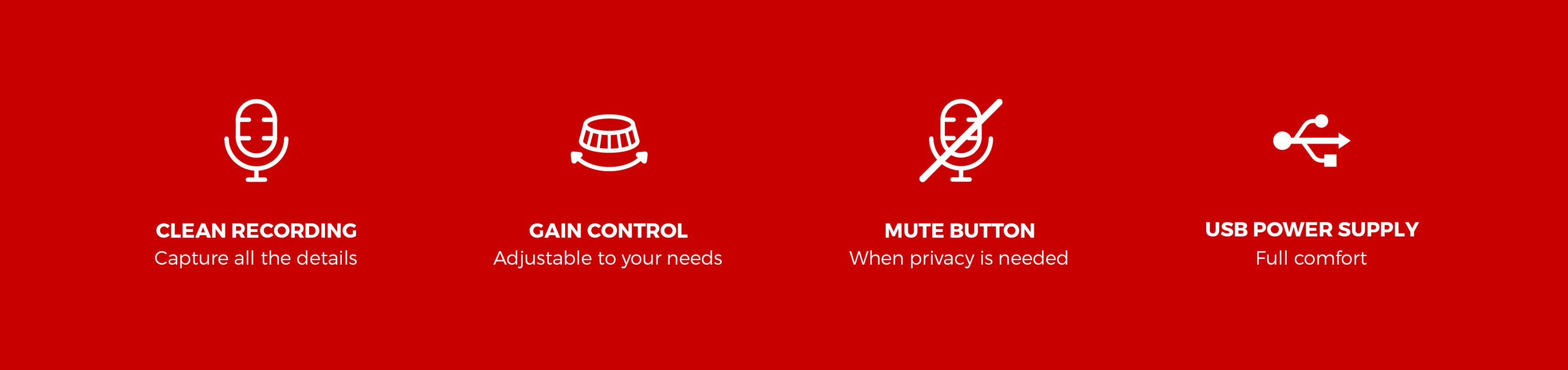 Icons highlighting features of the Genesis Radium 250 USB microphone: clean recording, gain control, mute button, and USB power supply