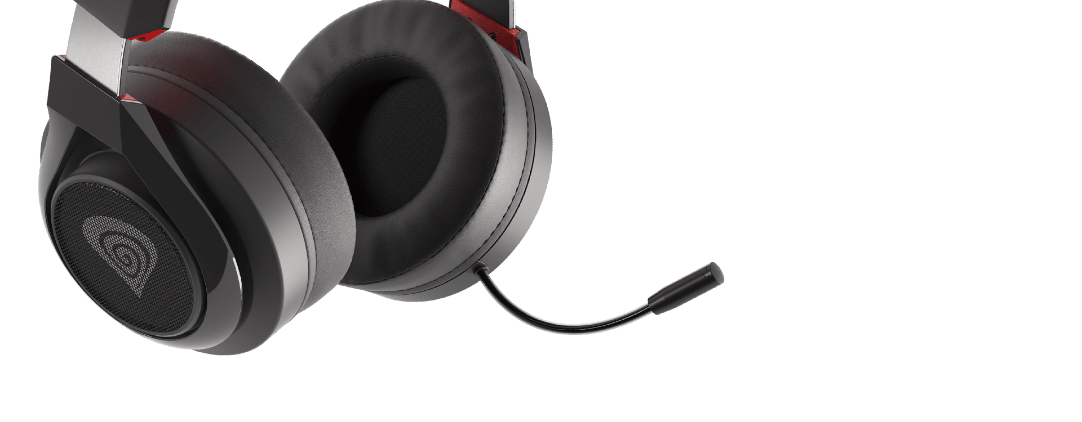 Wireless over-ear headphones in black and red with a detachable microphone