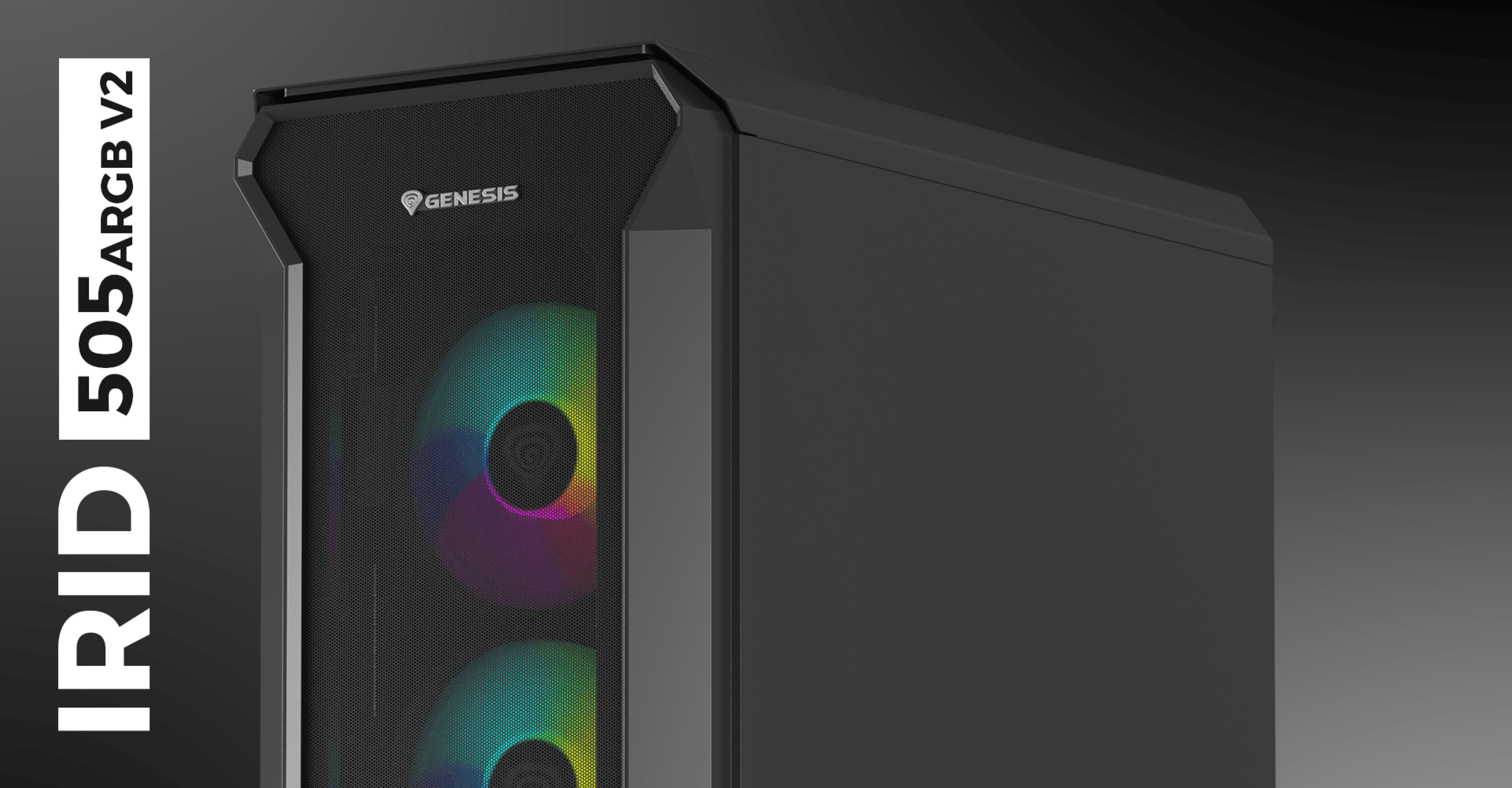 Black MIDI tower case with tempered glass window and RGB fans, showcasing the Genesis IRID 505 ARGB V2 model