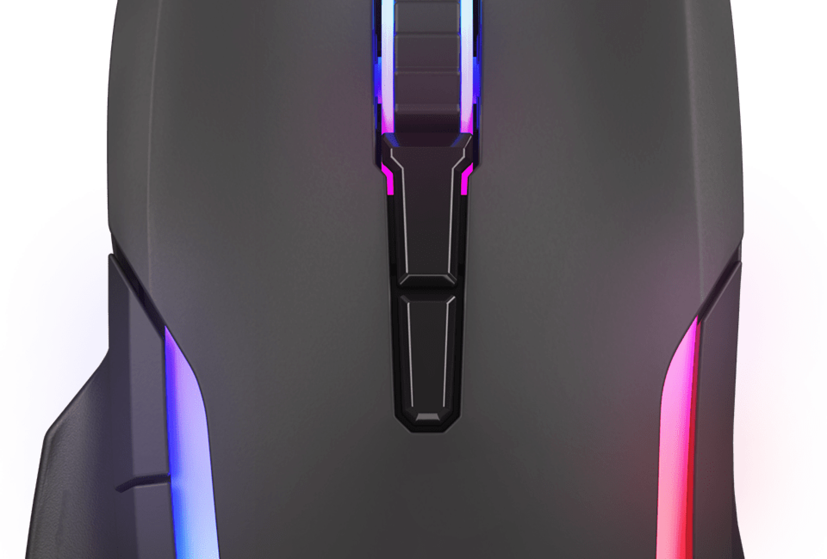 Black gaming mouse with RGB lighting, featuring a sleek design and silent click mechanism, ideal for gamers