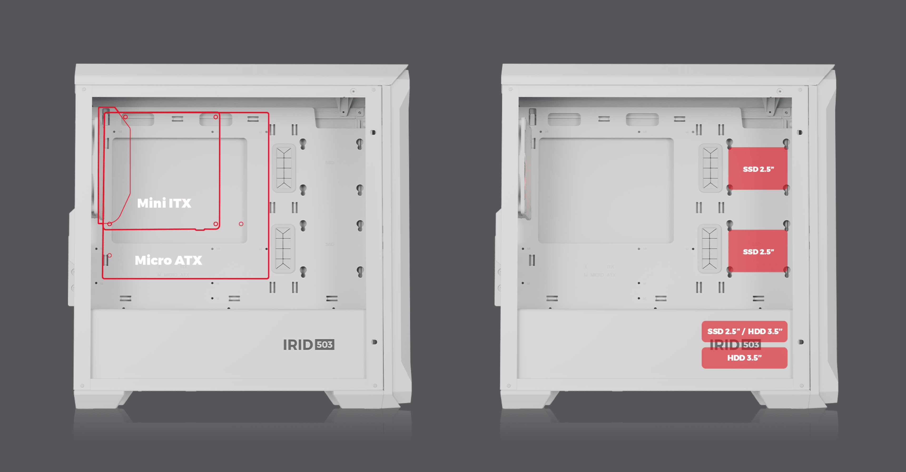 White Genesis IRID 503 ARGB Lite MATX mini tower case with transparent side panel, featuring compartments for Mini ITX and Micro ATX motherboards