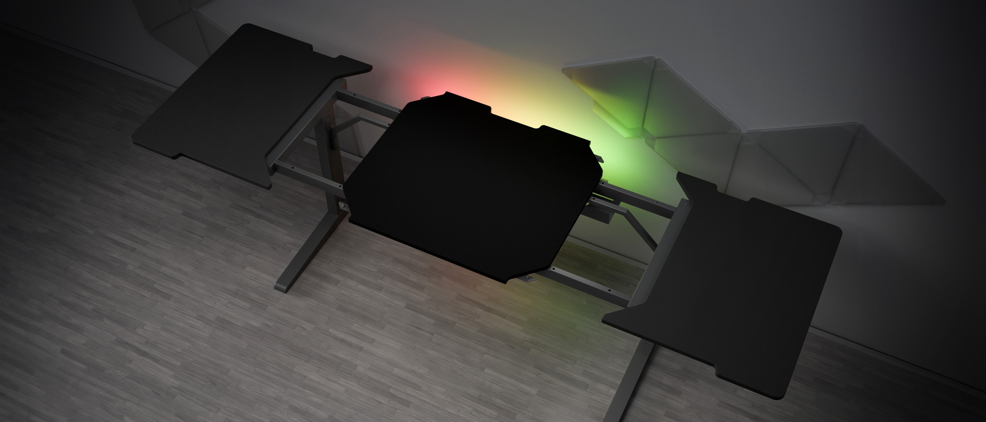 Modular left-side desk extension for Genesis Holm, featuring a sleek black design and subtle RGB lighting