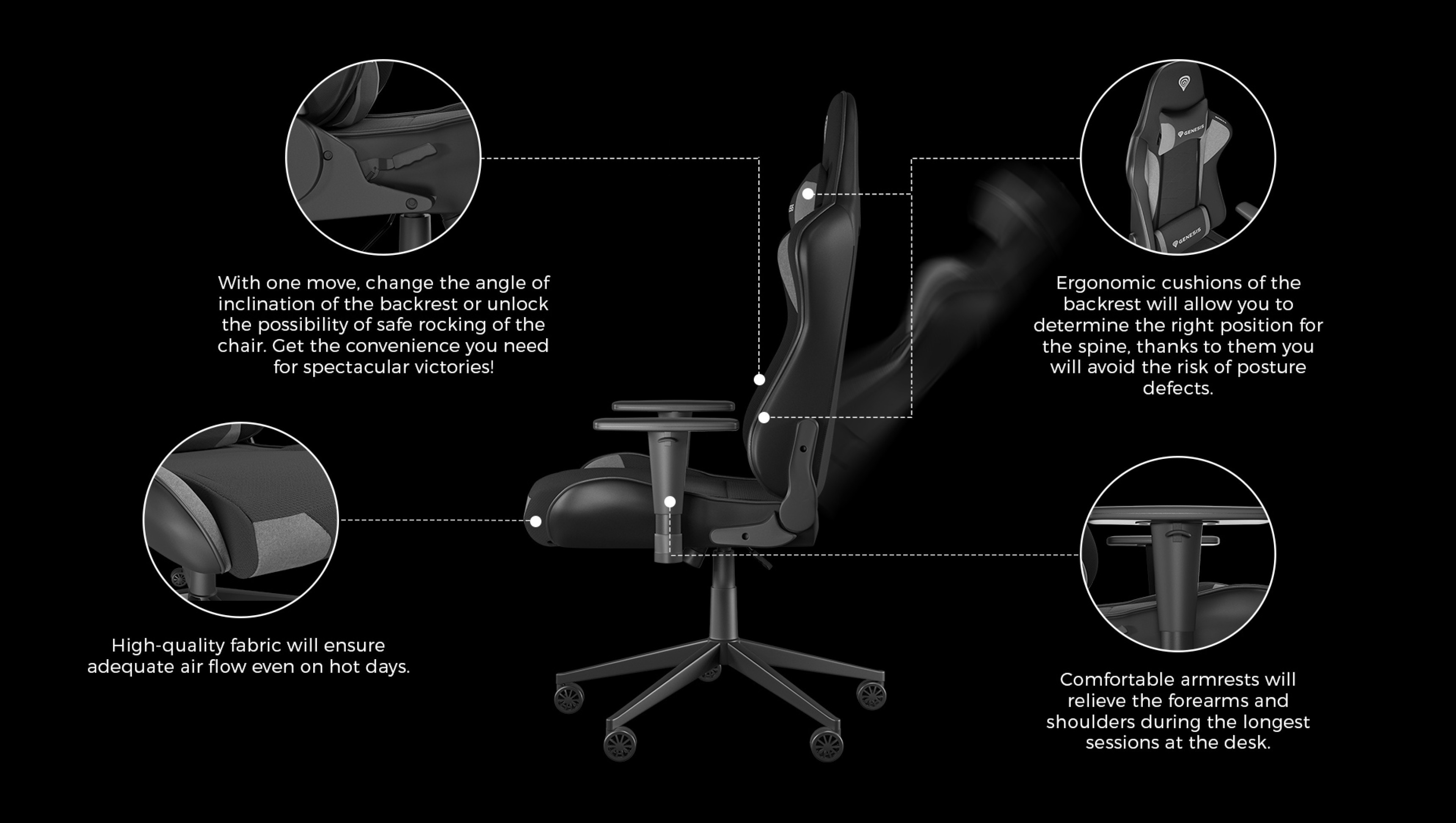 Black and gray gaming chair with ergonomic design features, adjustable armrests, and high-quality fabric for comfort and support