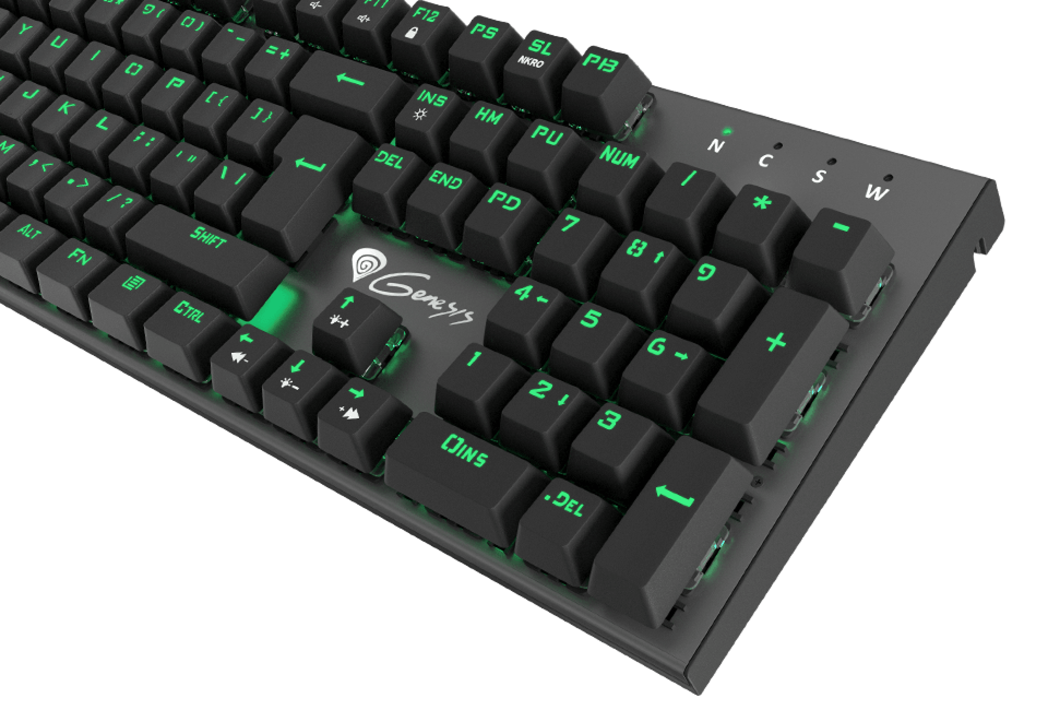 Black keyboard with green backlighting and various function keys and symbols.