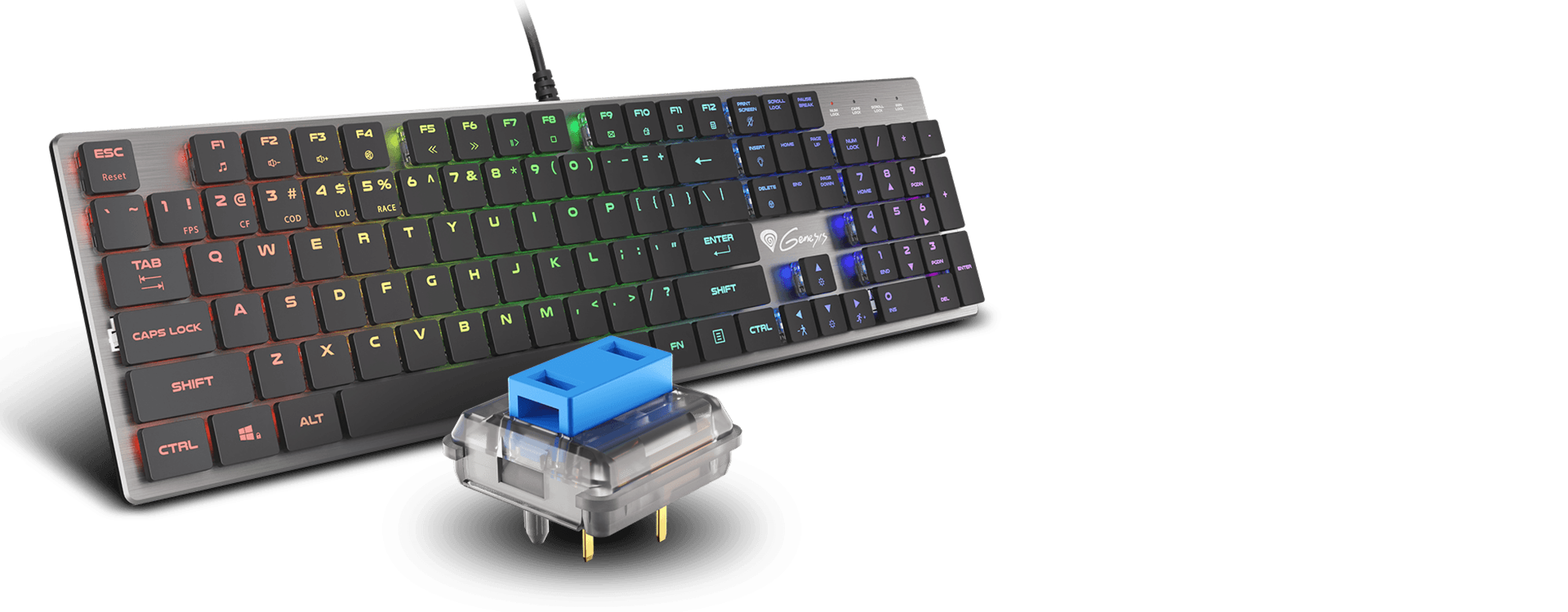RGB backlit gaming keyboard with mechanical blue switches, featuring a slim design and a switch keycap nearby