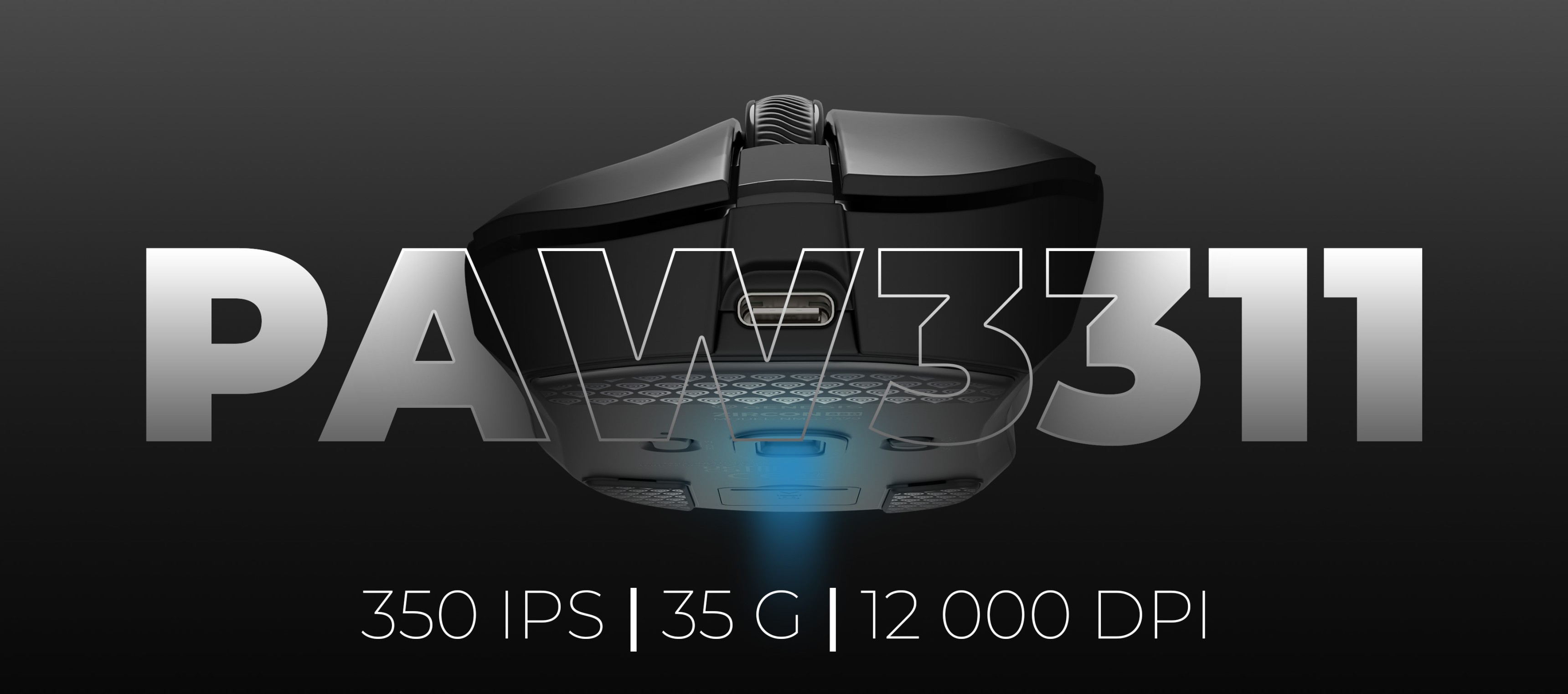 Gaming mouse with a sleek design and a glowing blue light on the underside.