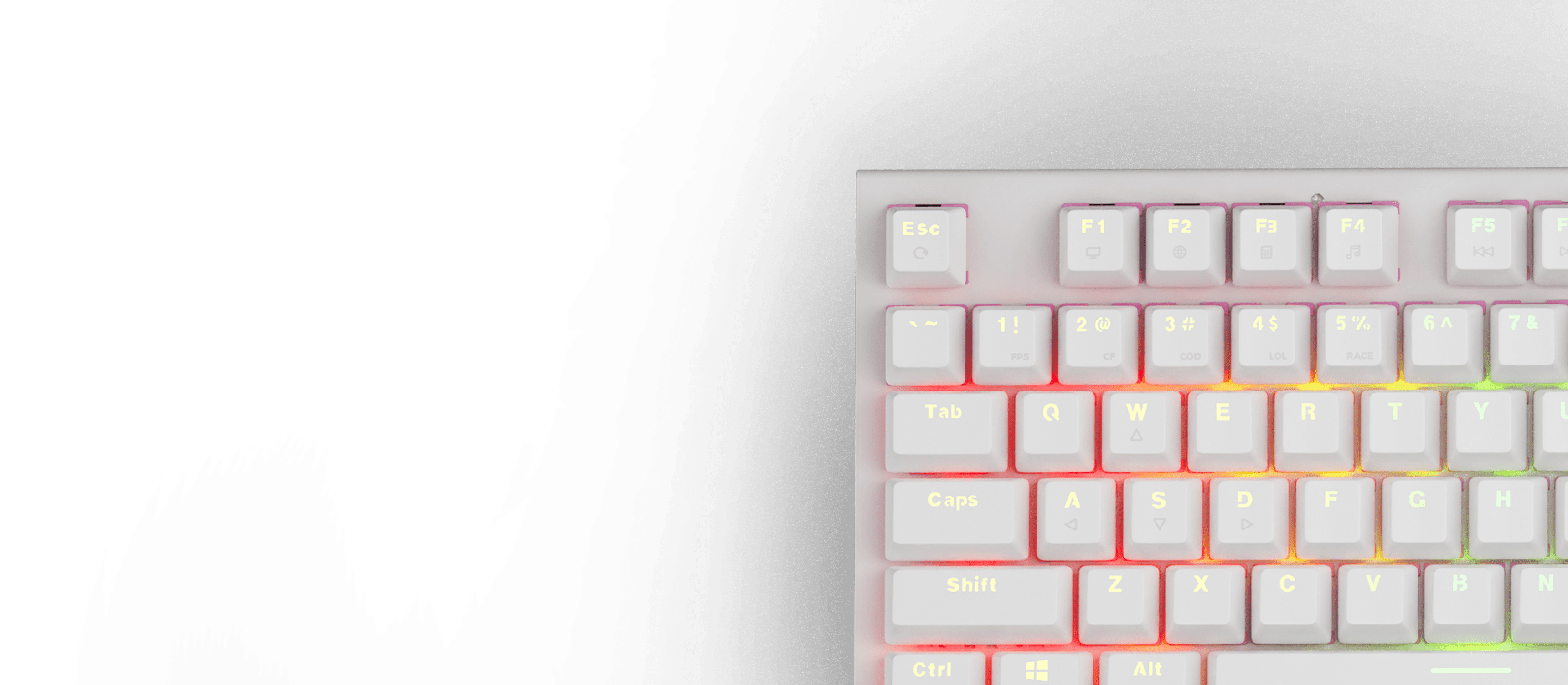 Mechanical gaming keyboard with RGB backlighting and silent switches, featuring a hot-swappable design in white