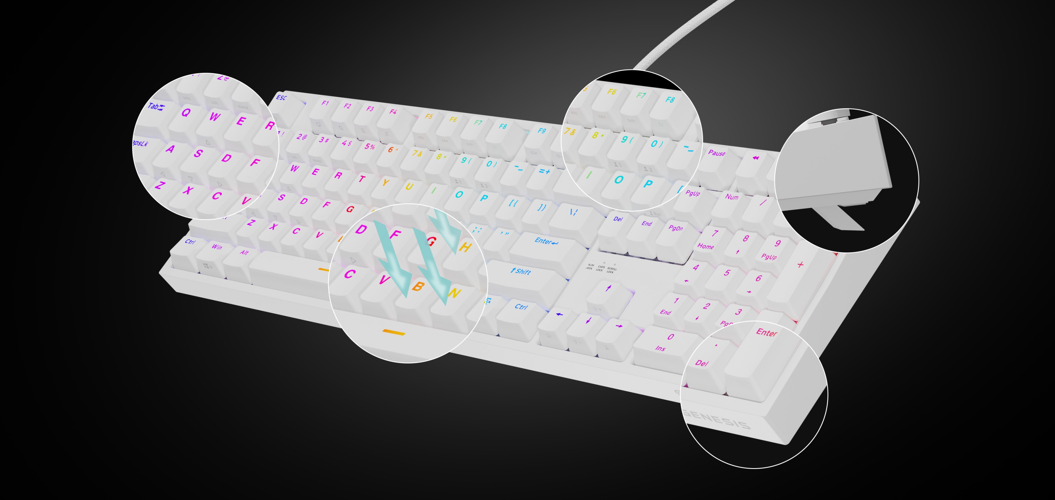 Gaming keyboard with white chassis and RGB backlighting, featuring Outemu Peach silent mechanical switches