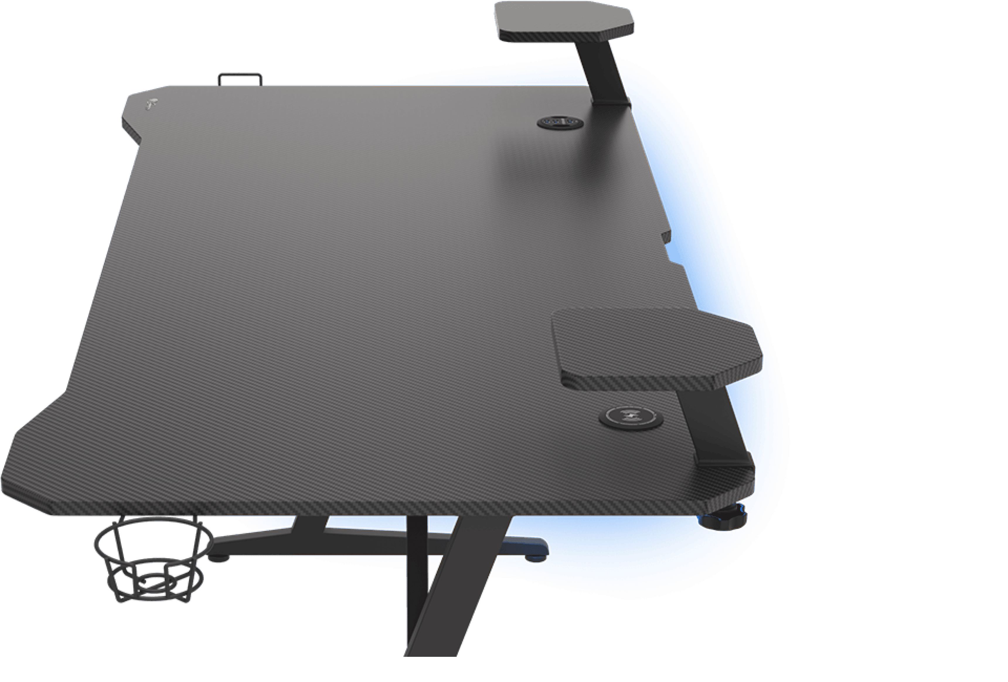 Black gaming desk with RGB lighting, integrated cup holder, and side storage compartments. Surface features a carbon fiber texture