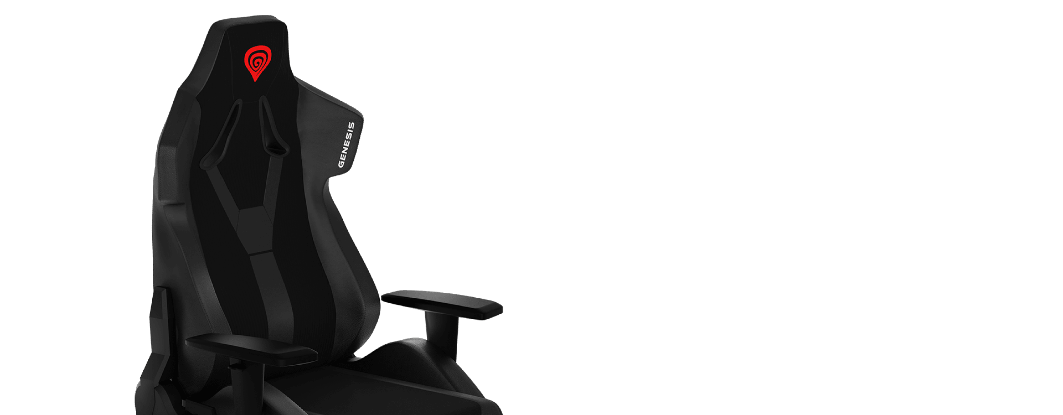 Black gaming chair with a sleek design, featuring adjustable armrests and a prominent red logo on the headrest