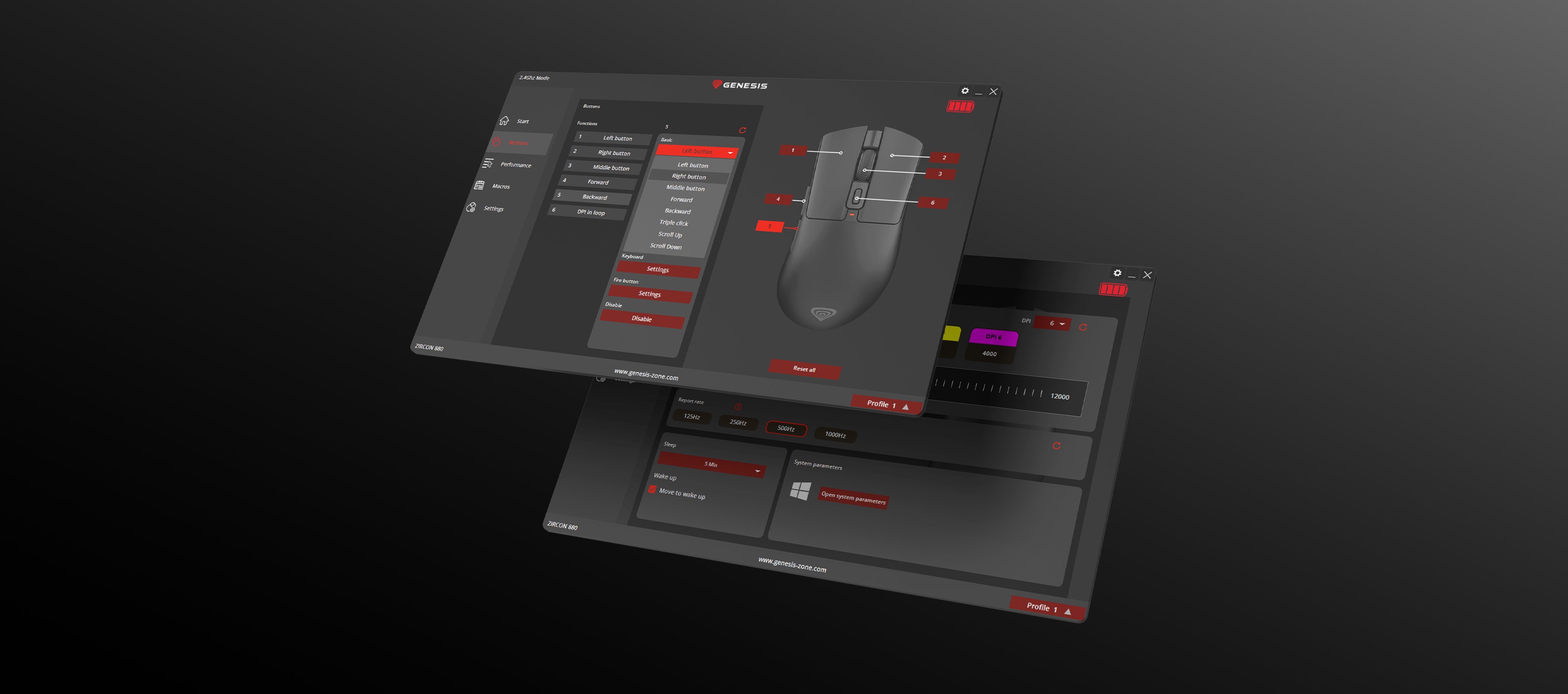 Software interface displaying settings and options for a gaming mouse with a dark background.