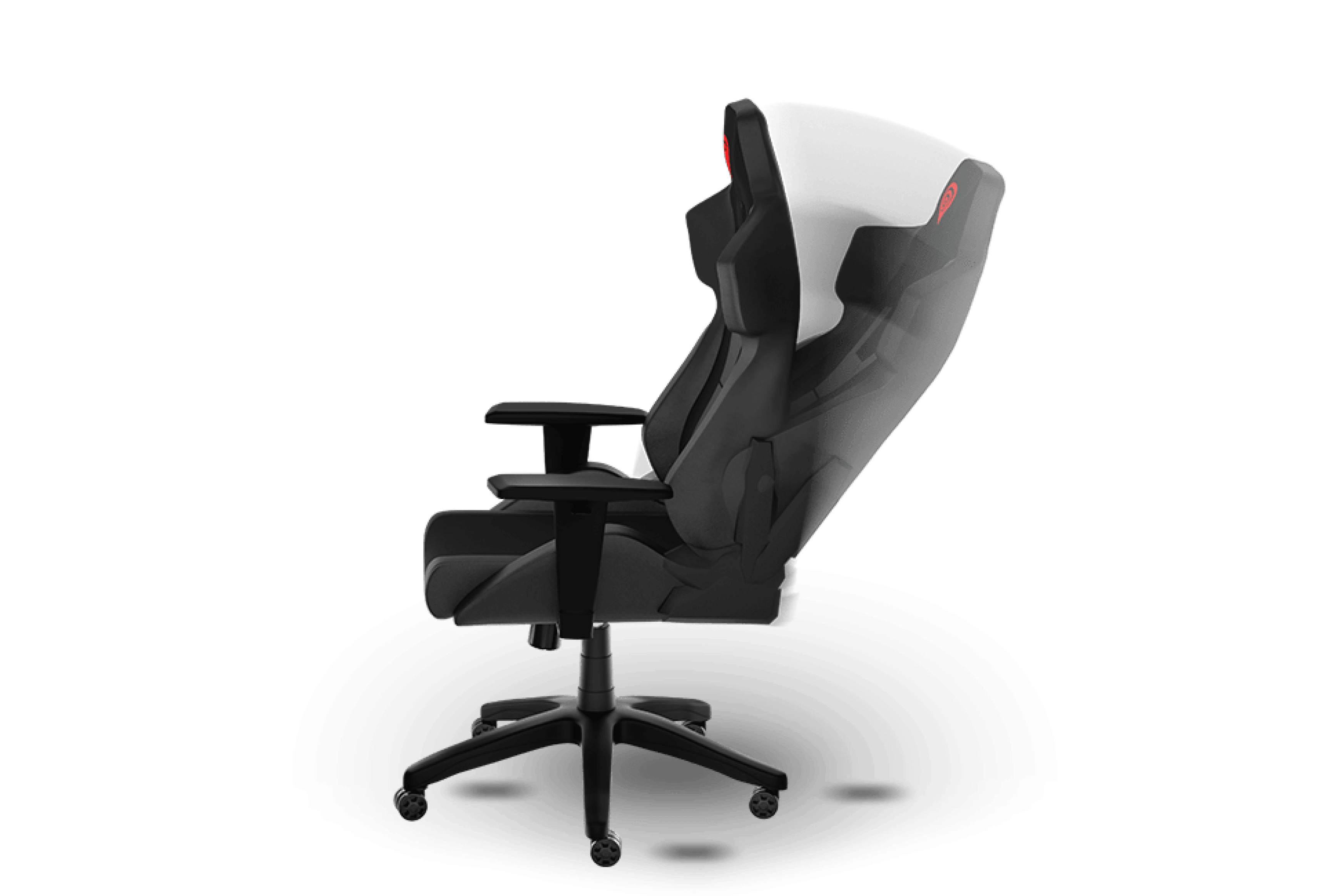 Black gaming chair with a high backrest and adjustable armrests, designed for comfort during long gaming sessions