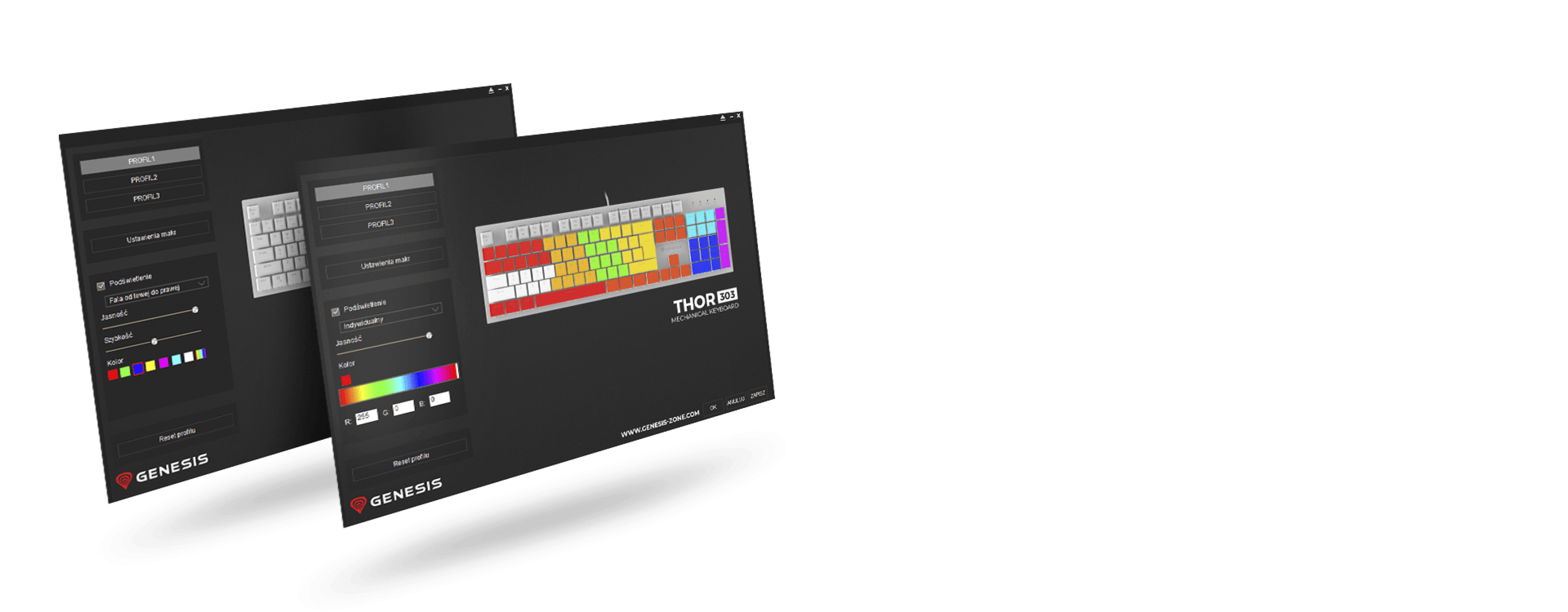 Keyboard customization interface for Genesis Thor 303, featuring RGB backlighting and hot-swappable silent switches
