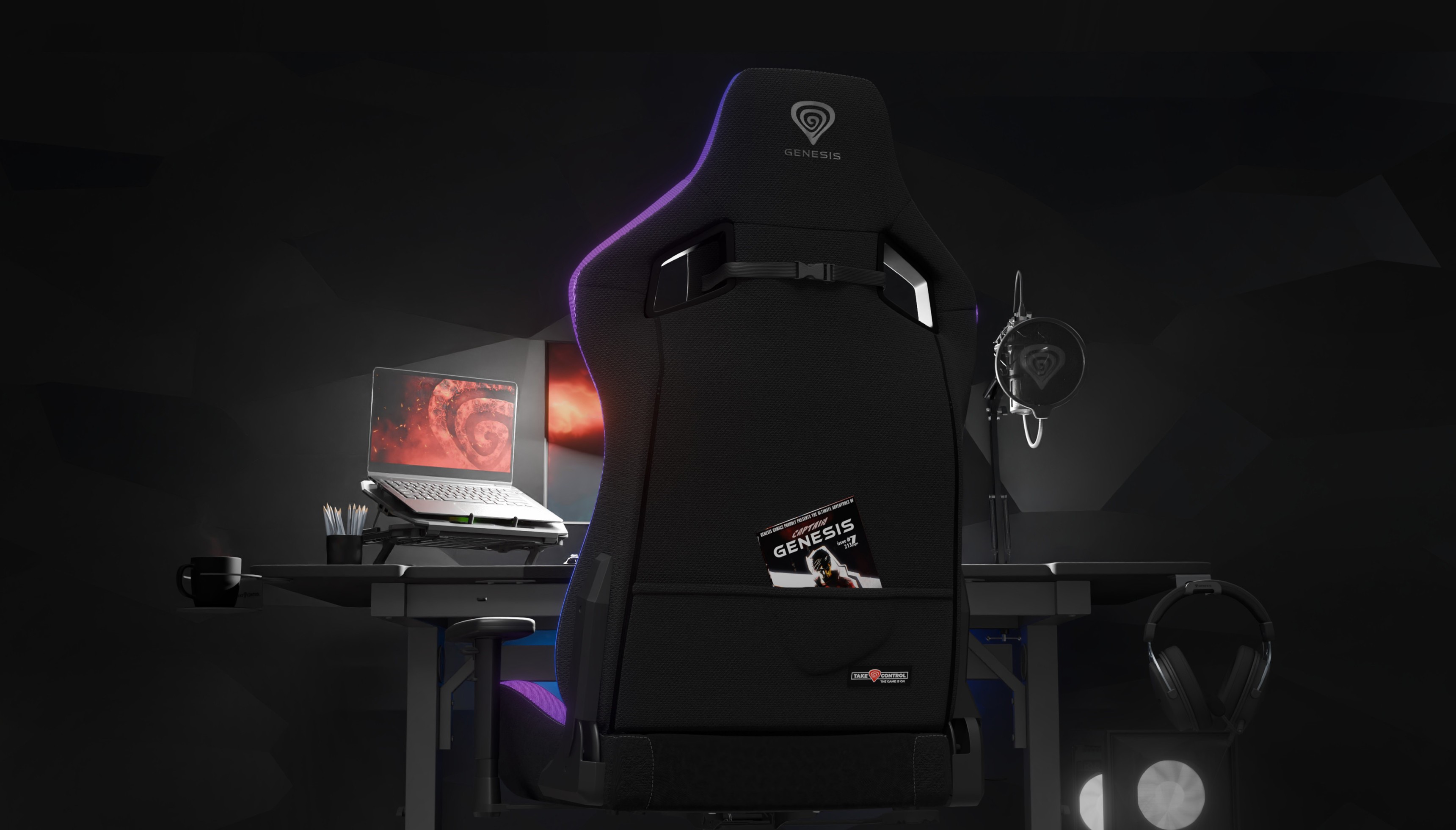 Black Genesis Trit 660 RGB gaming chair viewed from the back, with a laptop, headset, and ambient lighting on a gaming desk