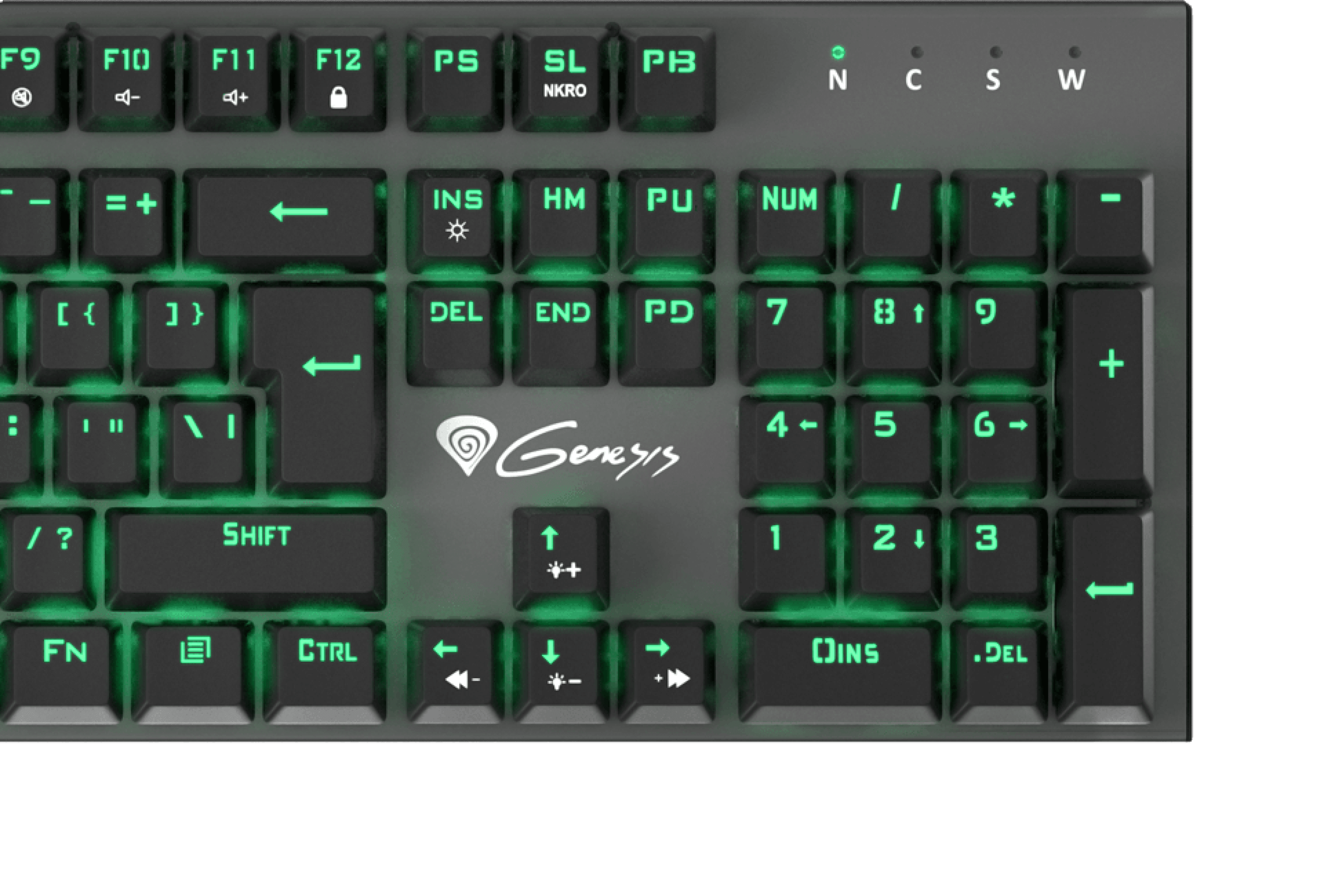 A black keyboard with green backlighting and various symbols on the keys.