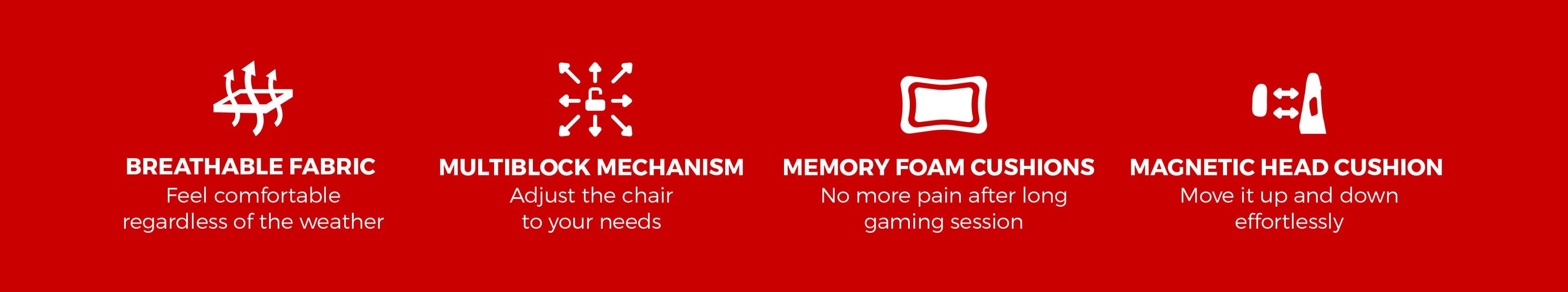 Gray gaming chair with features like breathable fabric, multi-block mechanism, memory foam cushions, and a magnetic head cushion
