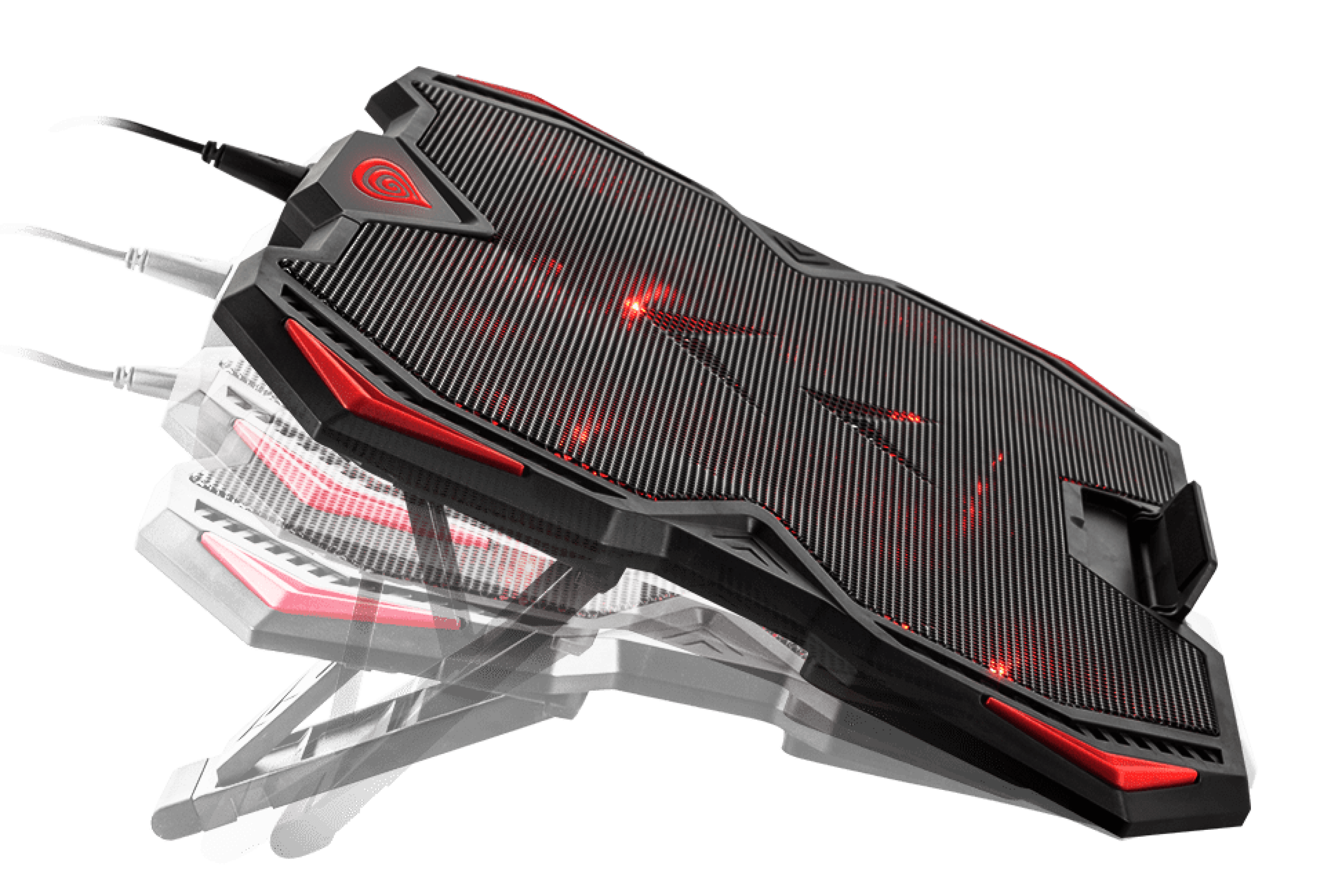 Laptop cooling pad with a black and red design featuring glowing lights and ventilation grooves.