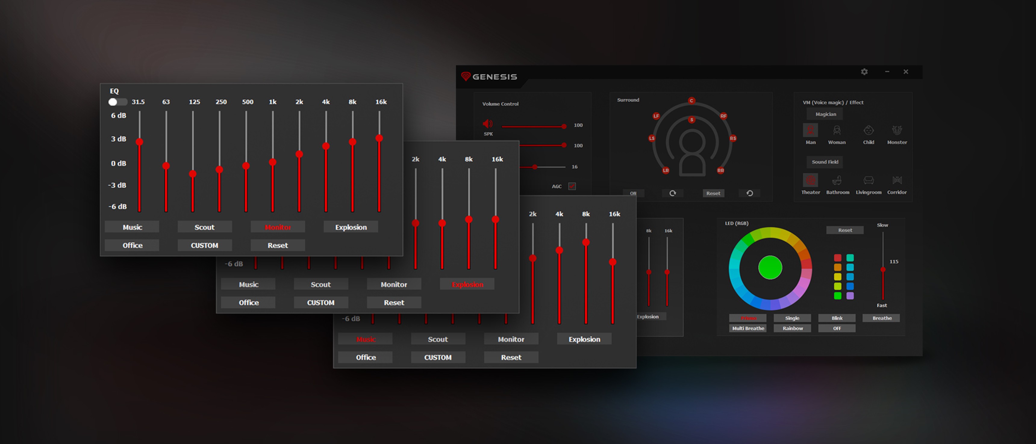 Screenshots of a software interface for configuring Genesis Neon 764 RGB headphones, featuring audio sliders and lighting options