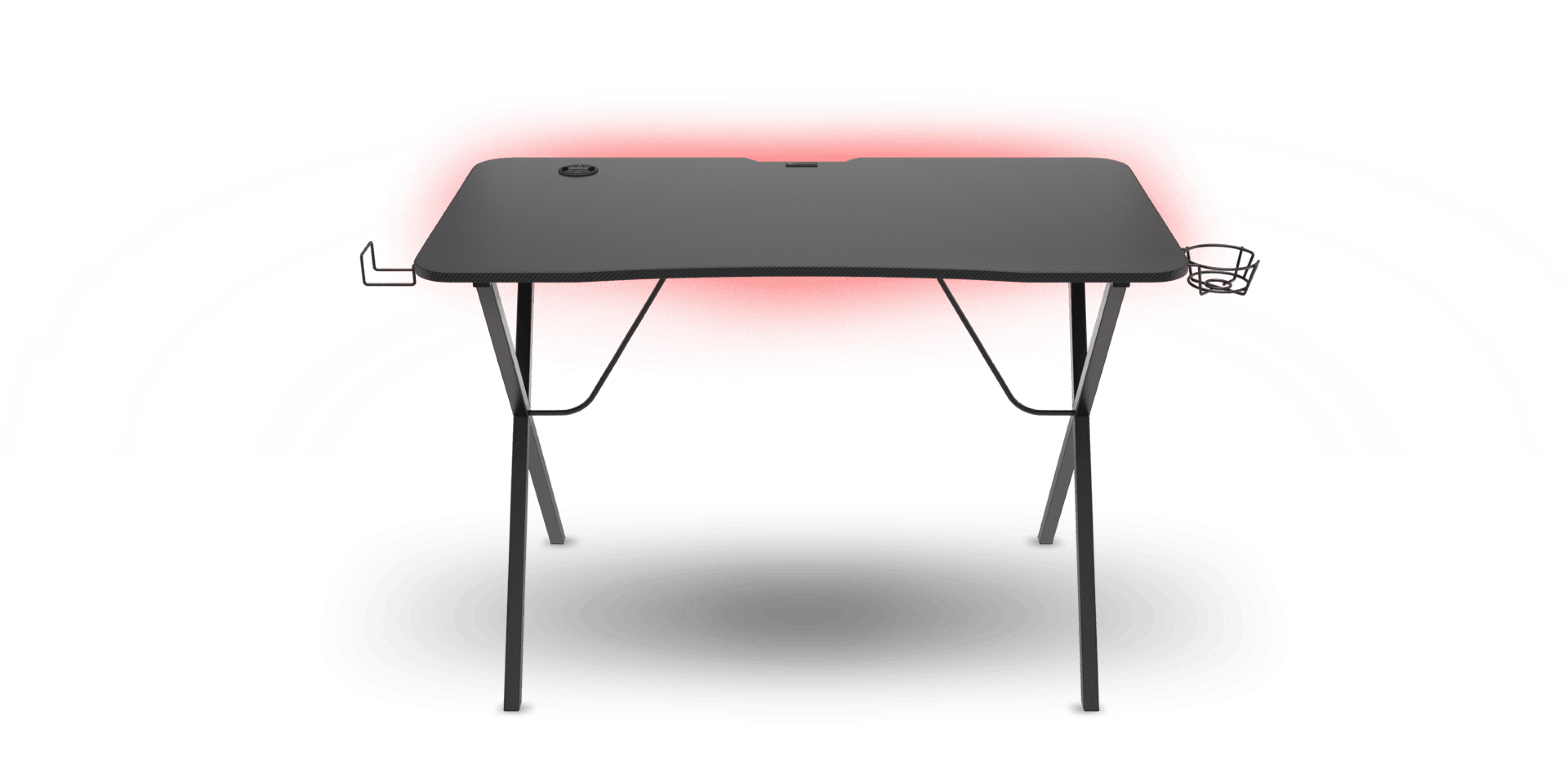 Black gaming desk with RGB lighting, featuring a cable management hole and side hooks for accessories