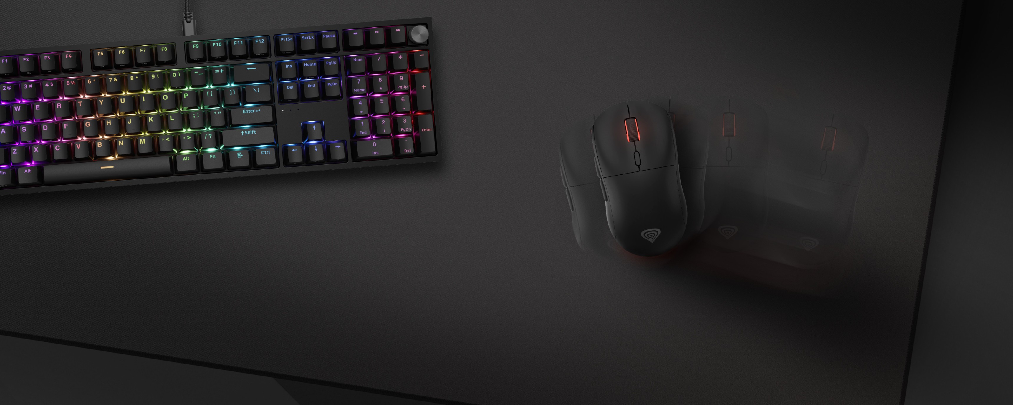 Gaming mouse pad with a logo and a keyboard featuring colorful backlit keys