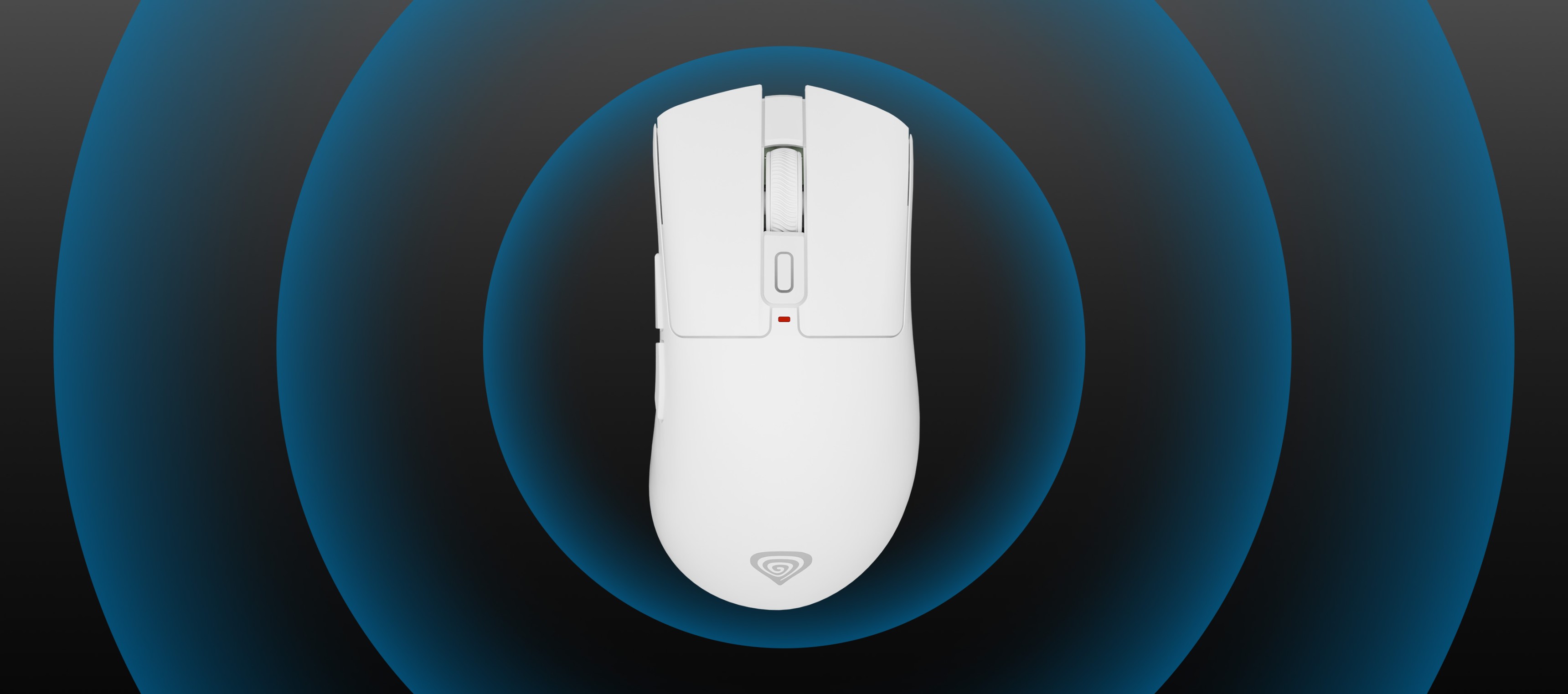 White gaming mouse with multiple buttons and a glowing light on a dark background.