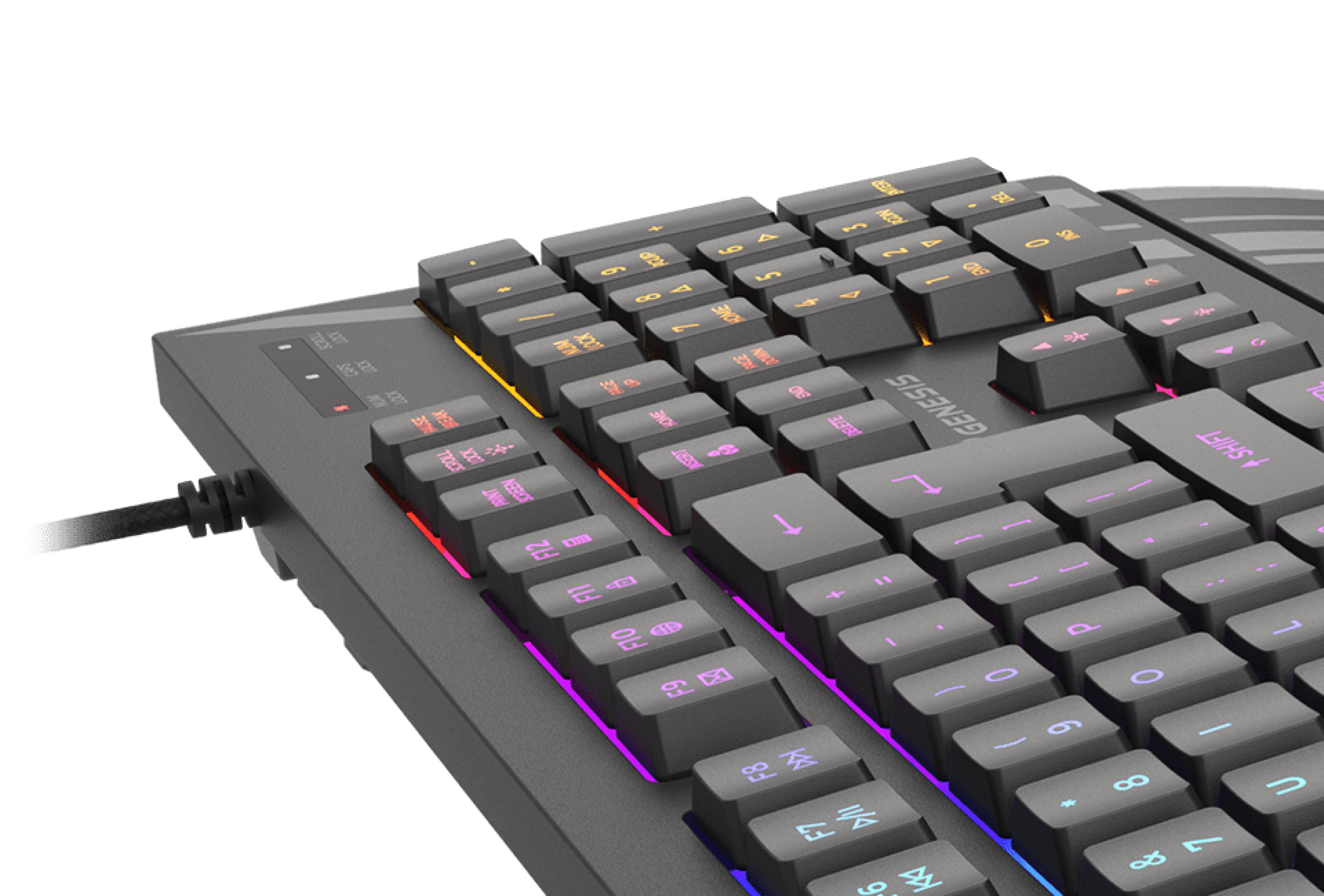 Keyboard with various keys and customizable colorful backlighting connected by a cable.