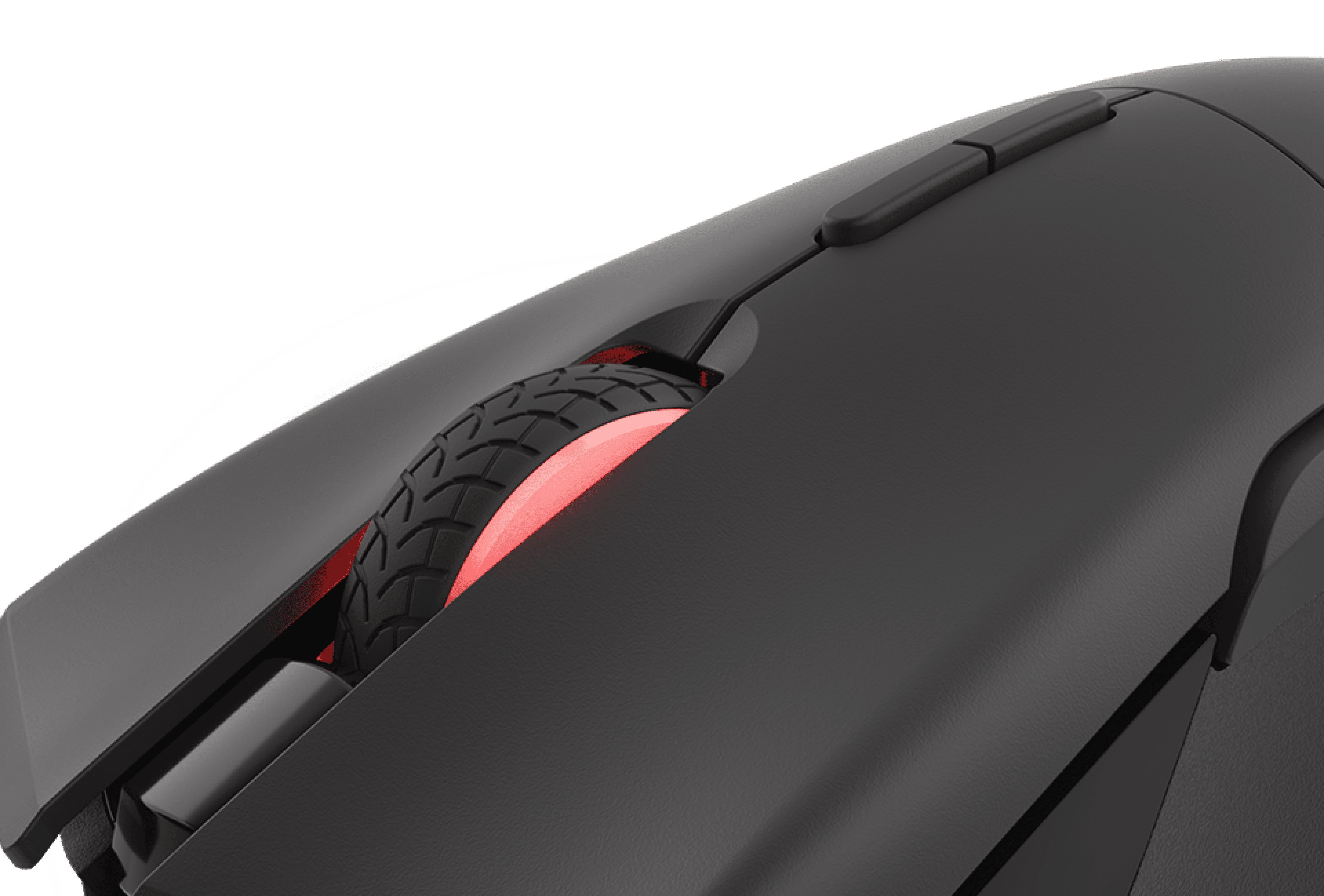 Black gaming mouse with RGB lighting and a textured scroll wheel, showcasing its sleek design and programmable features
