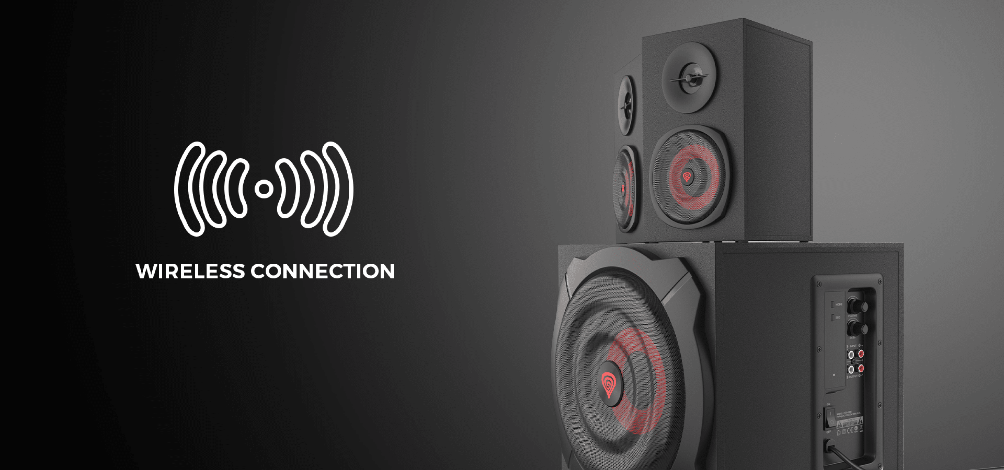 Two black Genesis Helium 610BT 2.1 speakers with a subwoofer, featuring a wireless connection symbol and remote control on a cable
