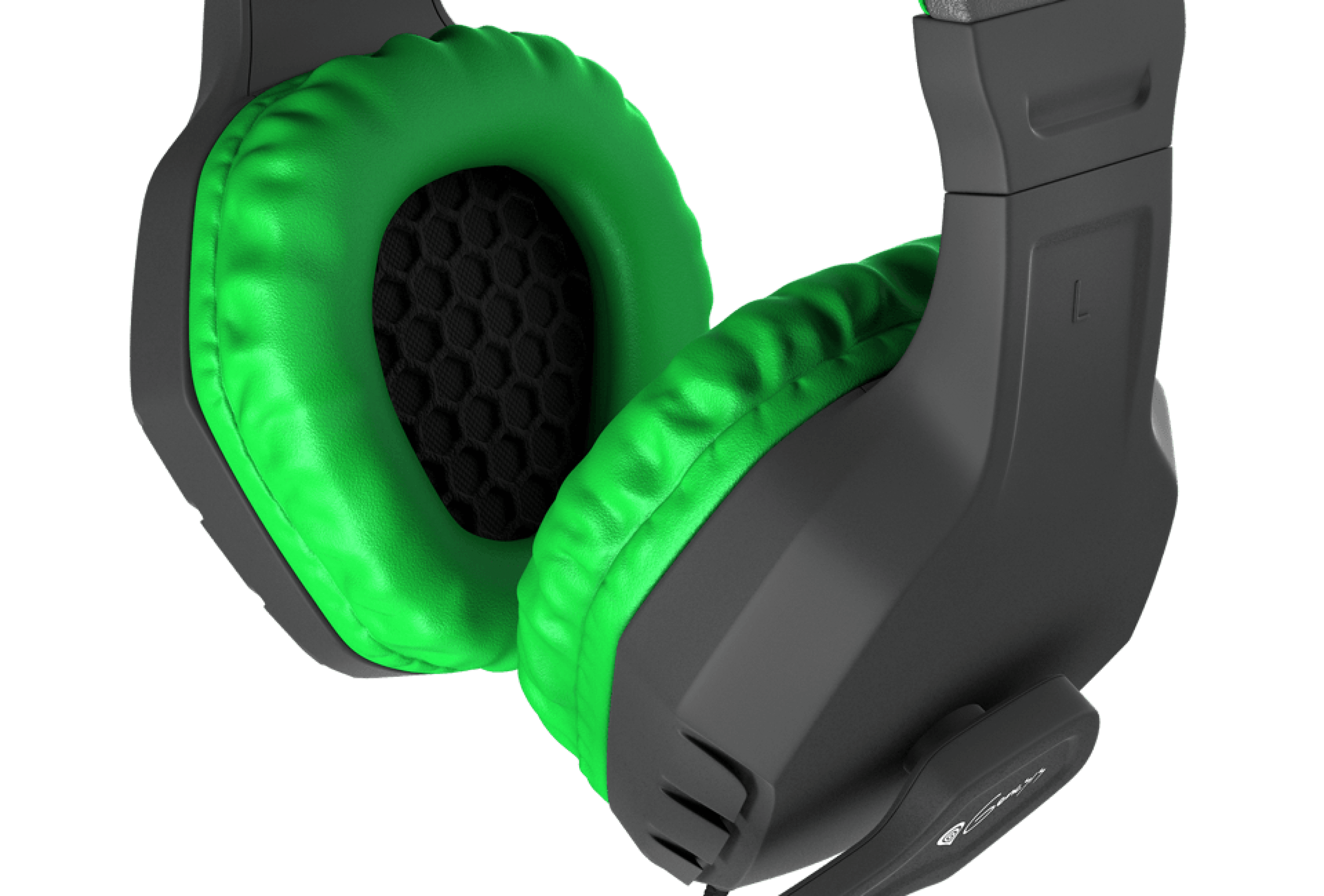 Black and green over-ear headphones with a microphone, featuring padded ear cups and a sleek design