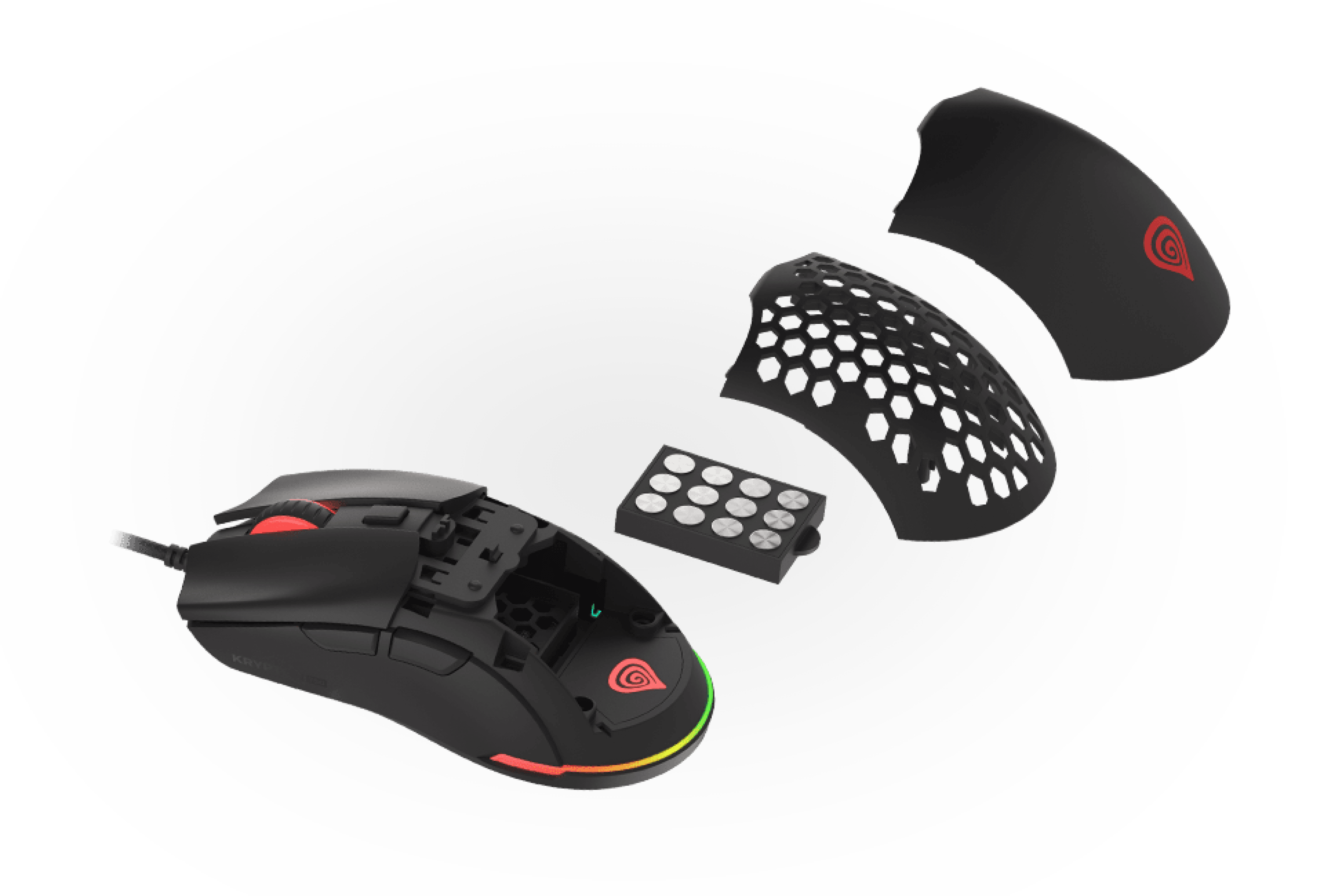 Black Genesis Krypton 750 gaming mouse with customizable panel and RGB lighting, showcasing its lightweight design and 8000 DPI capability