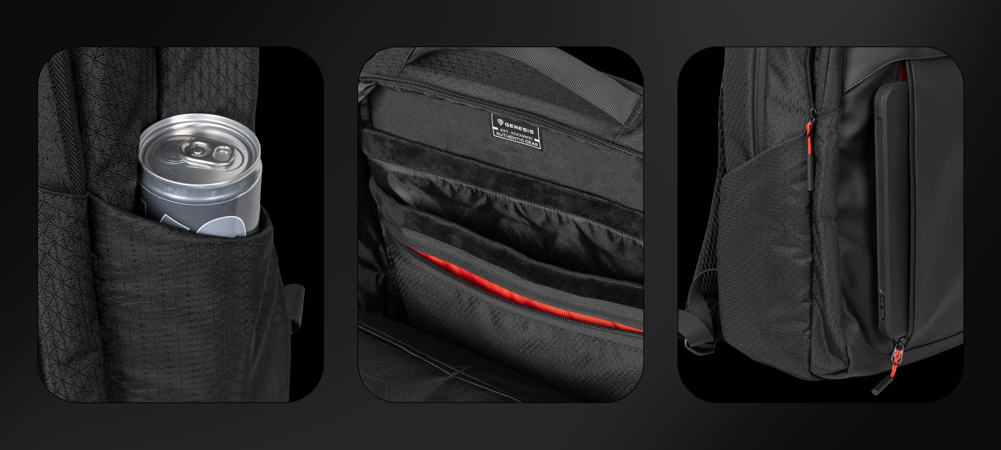 Backpack with a side pocket holding a beverage and internal compartments for organization.