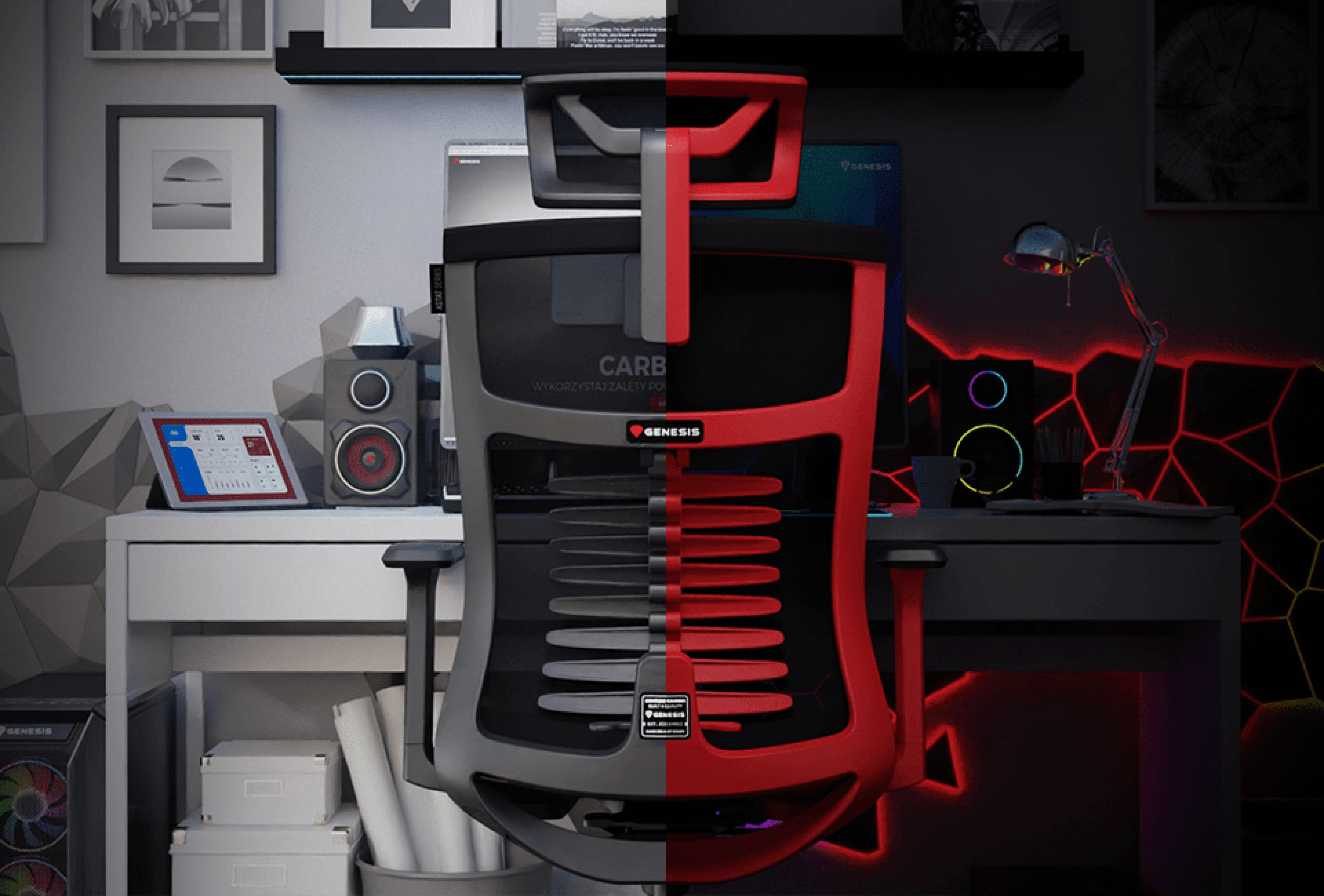Black and red ergonomic gaming chair displayed in a modern workspace, featuring sleek design and adjustable components