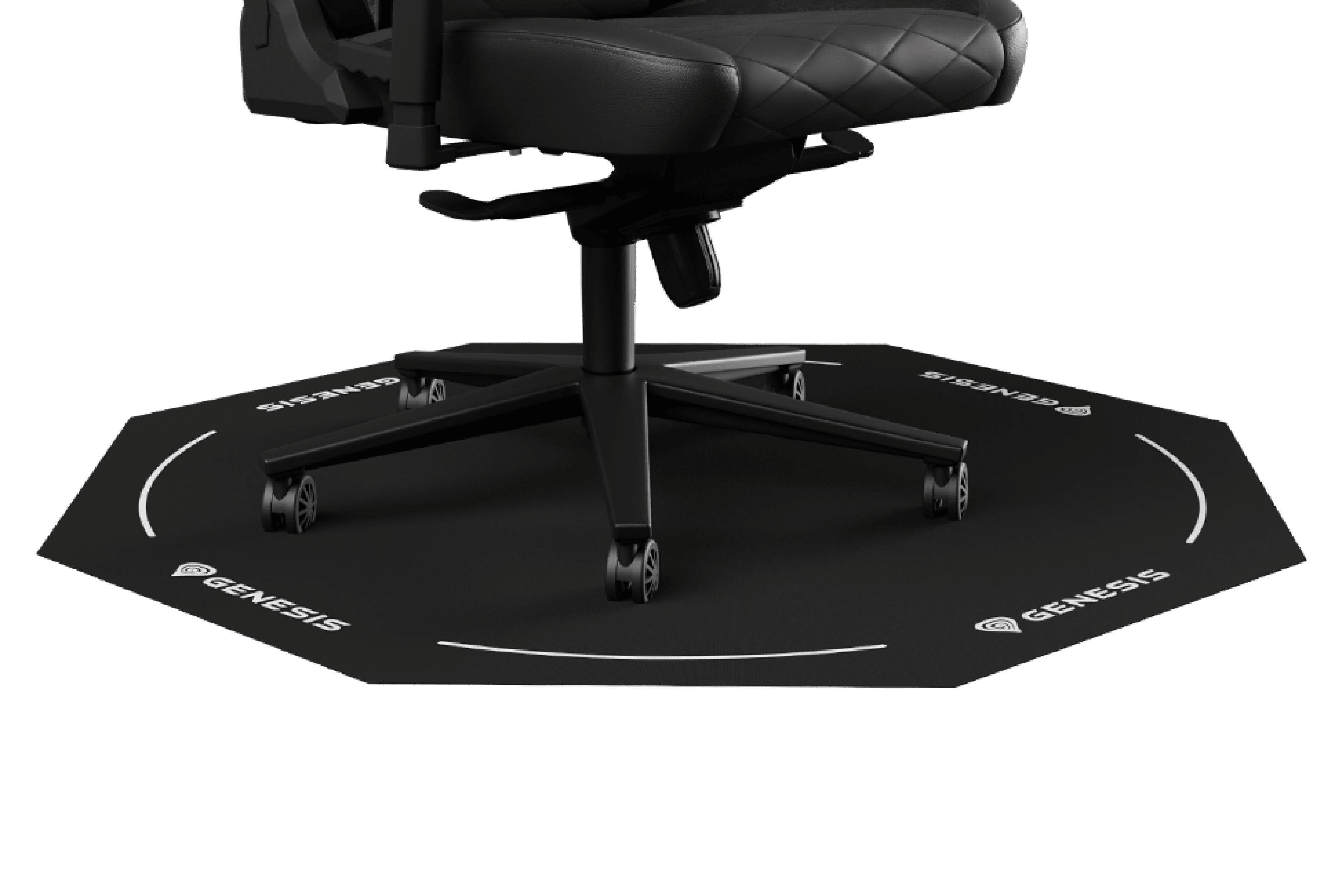 Black octagonal chair mat with white accents, designed for protecting floors under a Genesis Tellur office chair