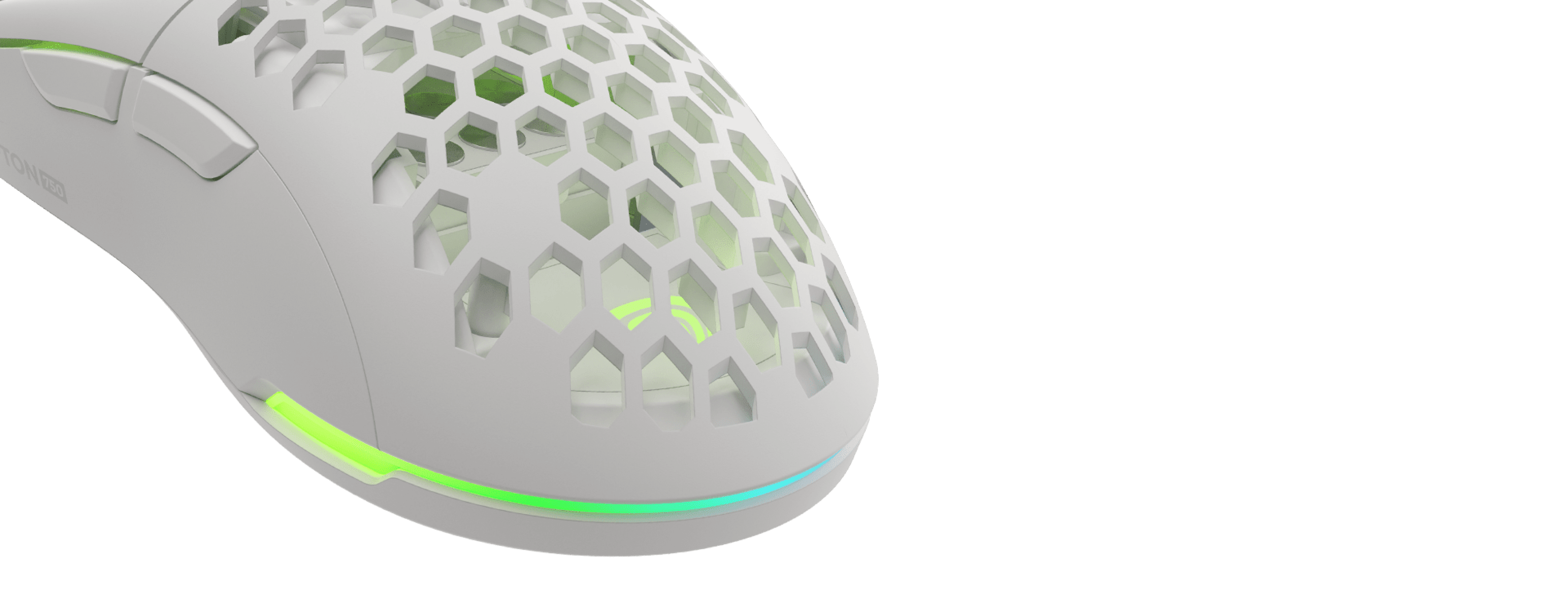 Lightweight white gaming mouse with RGB lighting and a honeycomb design, featuring an 8000 DPI sensor
