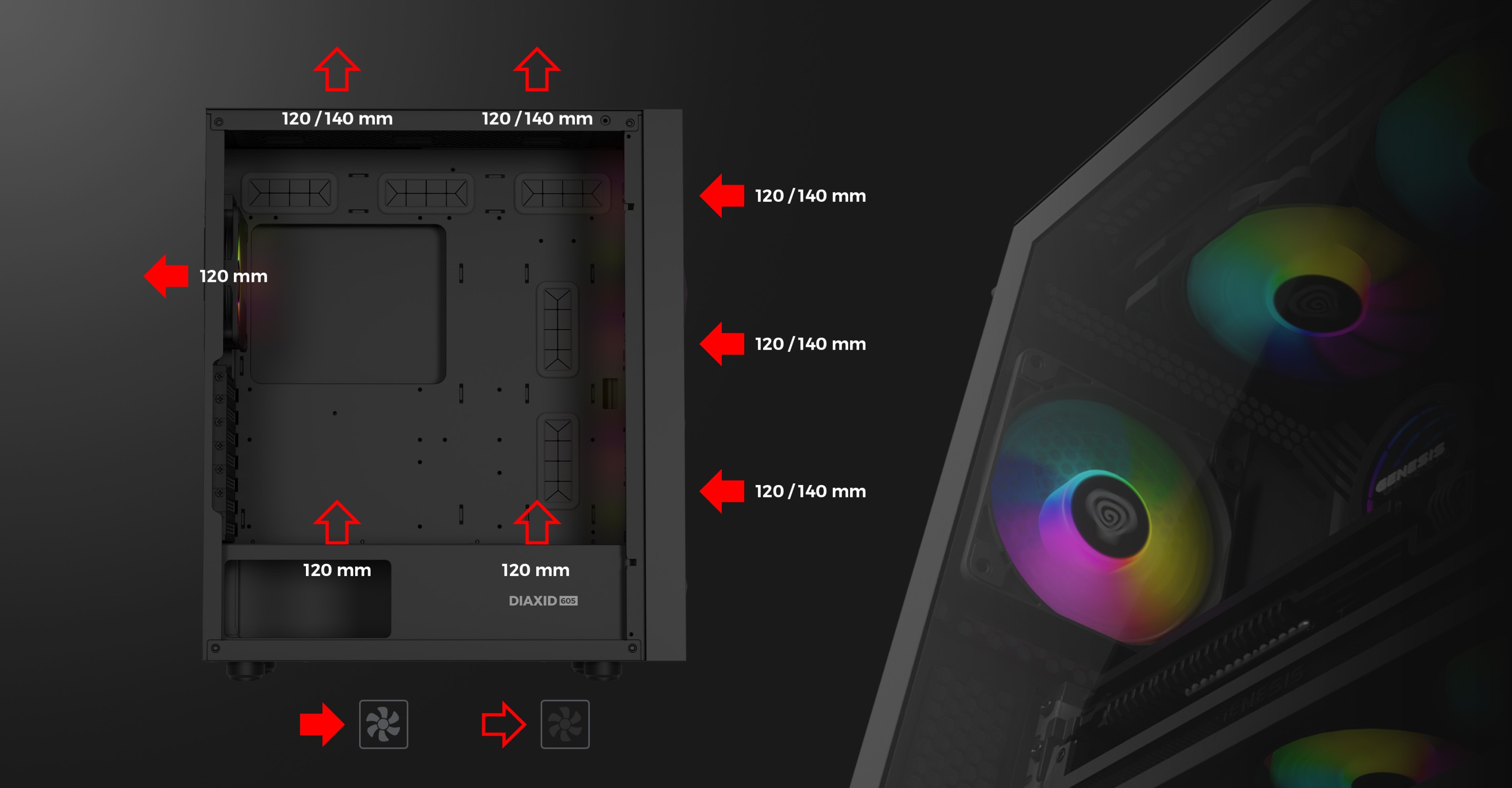 Black midi tower computer case with tinted window and space for several fans