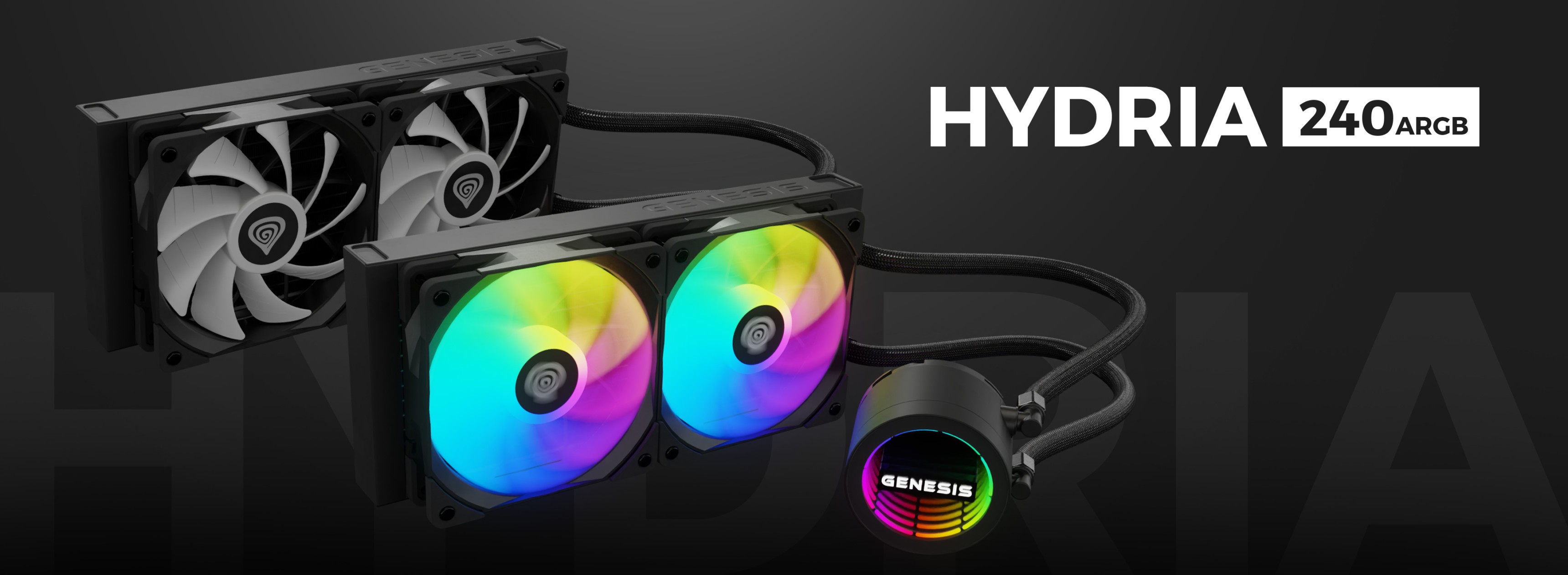 Black Genesis Hydria 240 ARGB liquid cooler with two illuminated fans and a sleek pump design