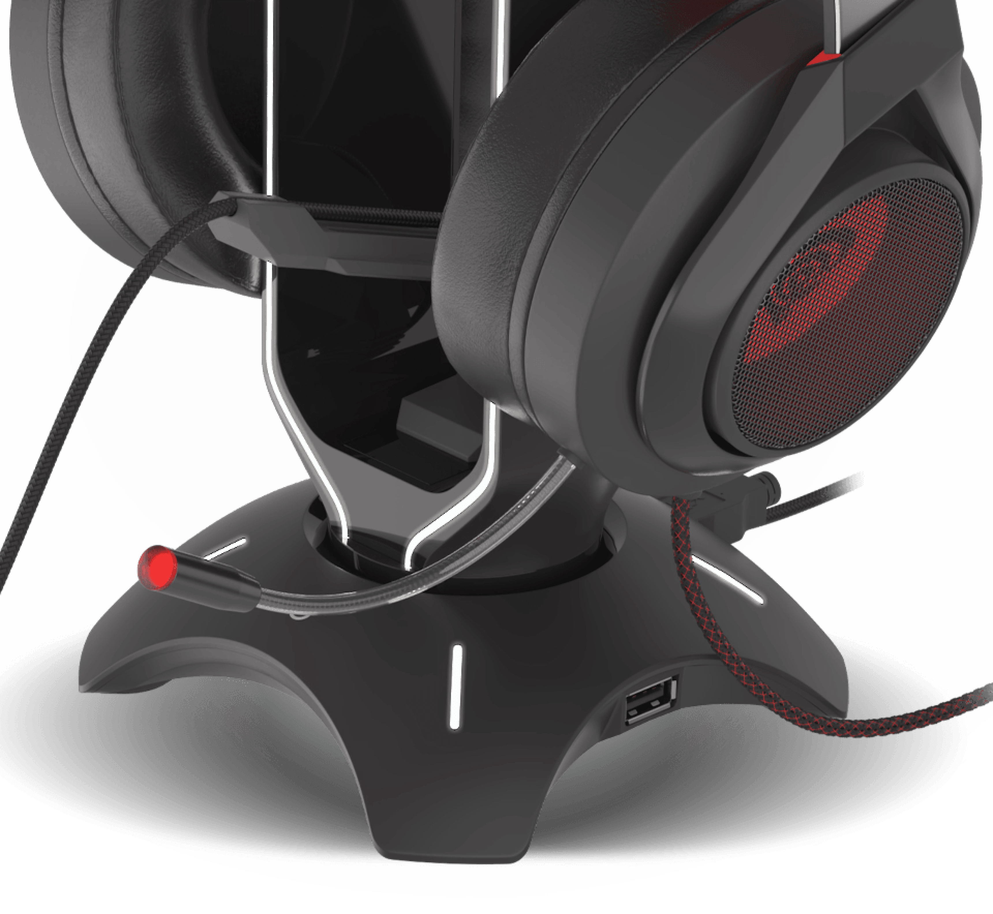 Headset stand with a USB hub, featuring LED lighting and designed for holding headphones and managing mouse cables