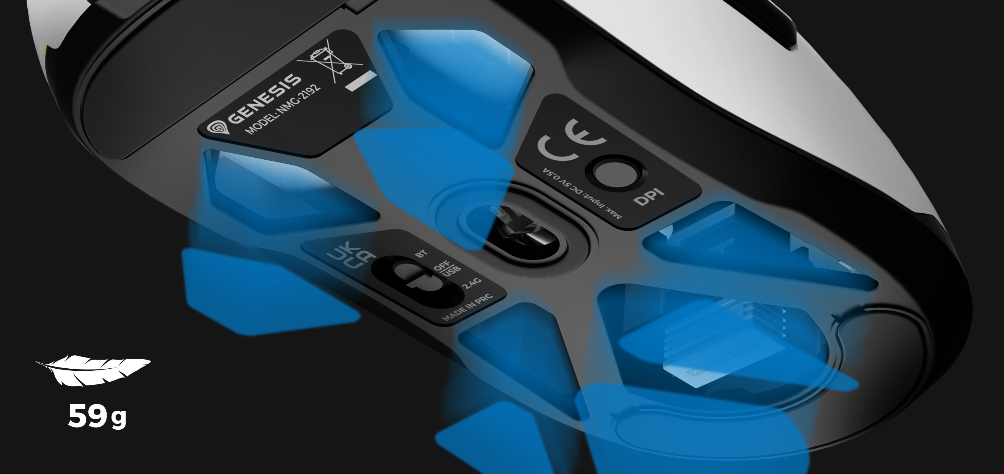 Wireless gaming mouse Genesis Zircon 660, featuring a 12,000 DPI sensor, lightweight design at 59g, and customizable buttons