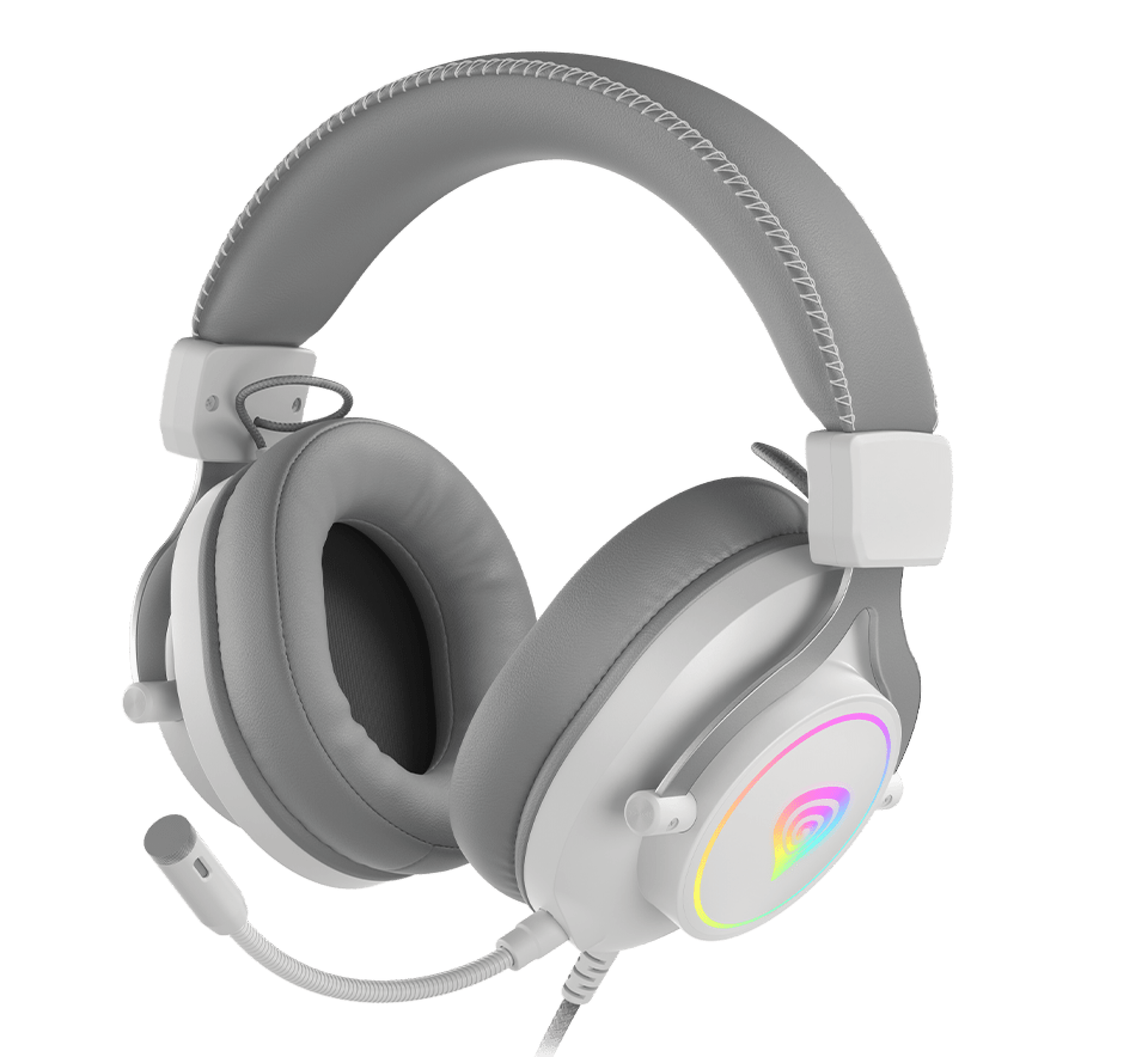 Headphones with a white and gray design and a colorful glowing logo on the side.