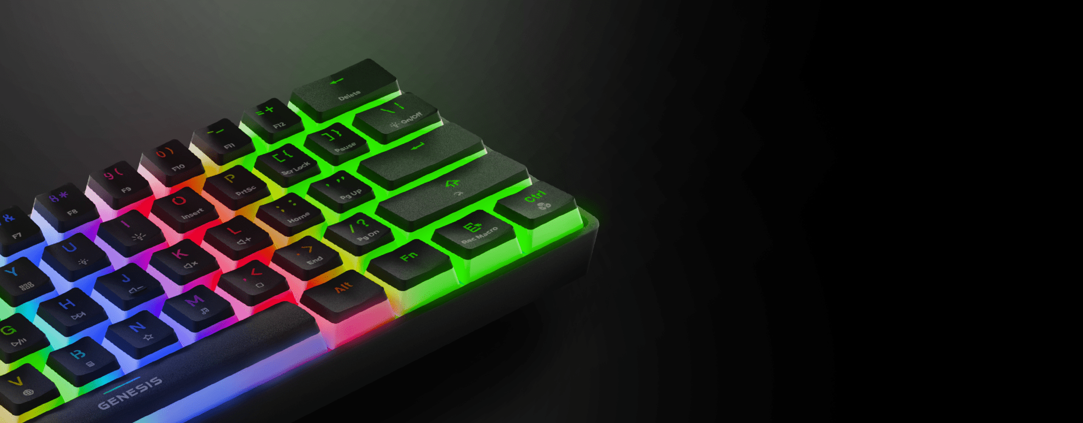 Keyboard with illuminated keys in various colors against a dark background.