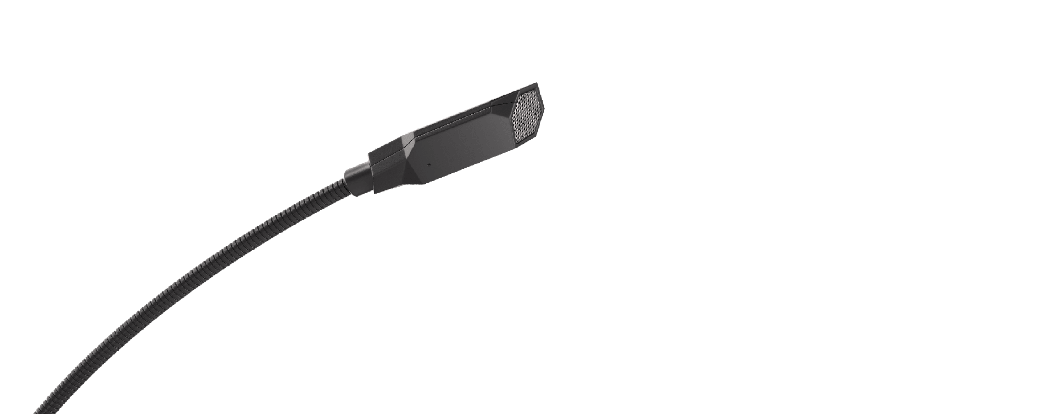 Black microphone with a flexible neck, designed for clarity in sound capture, featuring a hexagonal grill