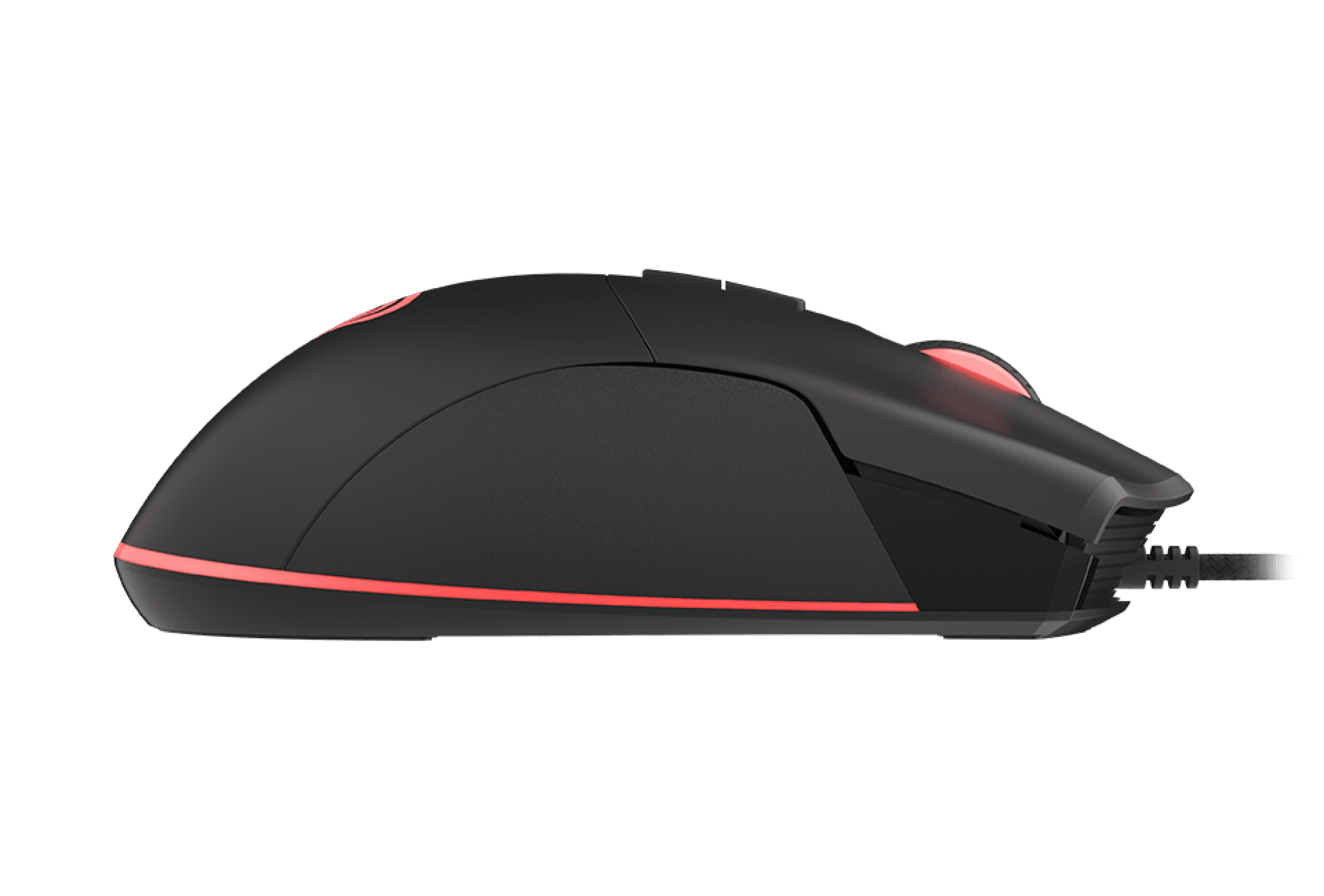 Black gaming mouse with RGB lighting, featuring a sleek side profile and programmable buttons