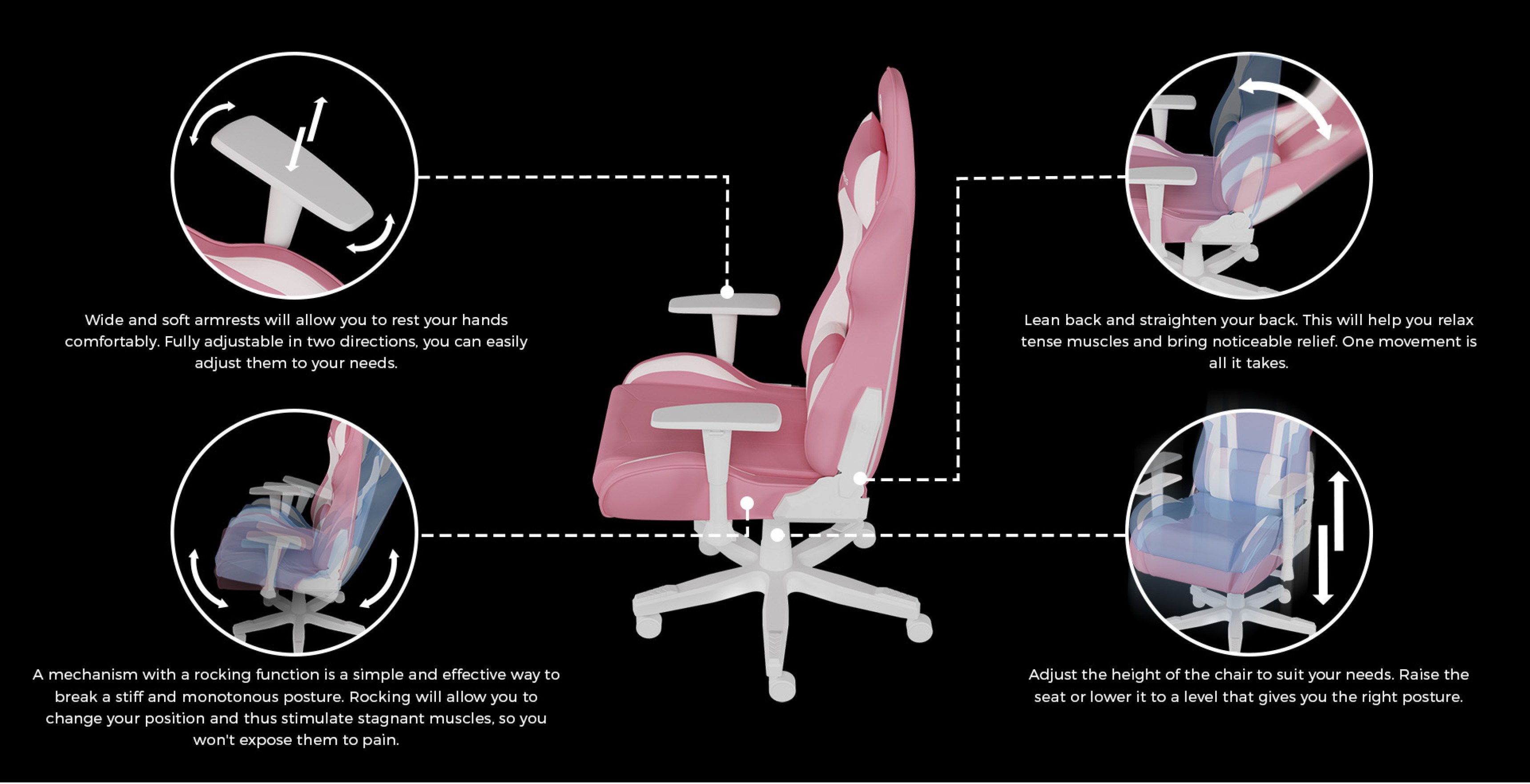 Pink and white gaming chair with adjustable features, including armrests, reclining back, and seat height for ergonomic comfort