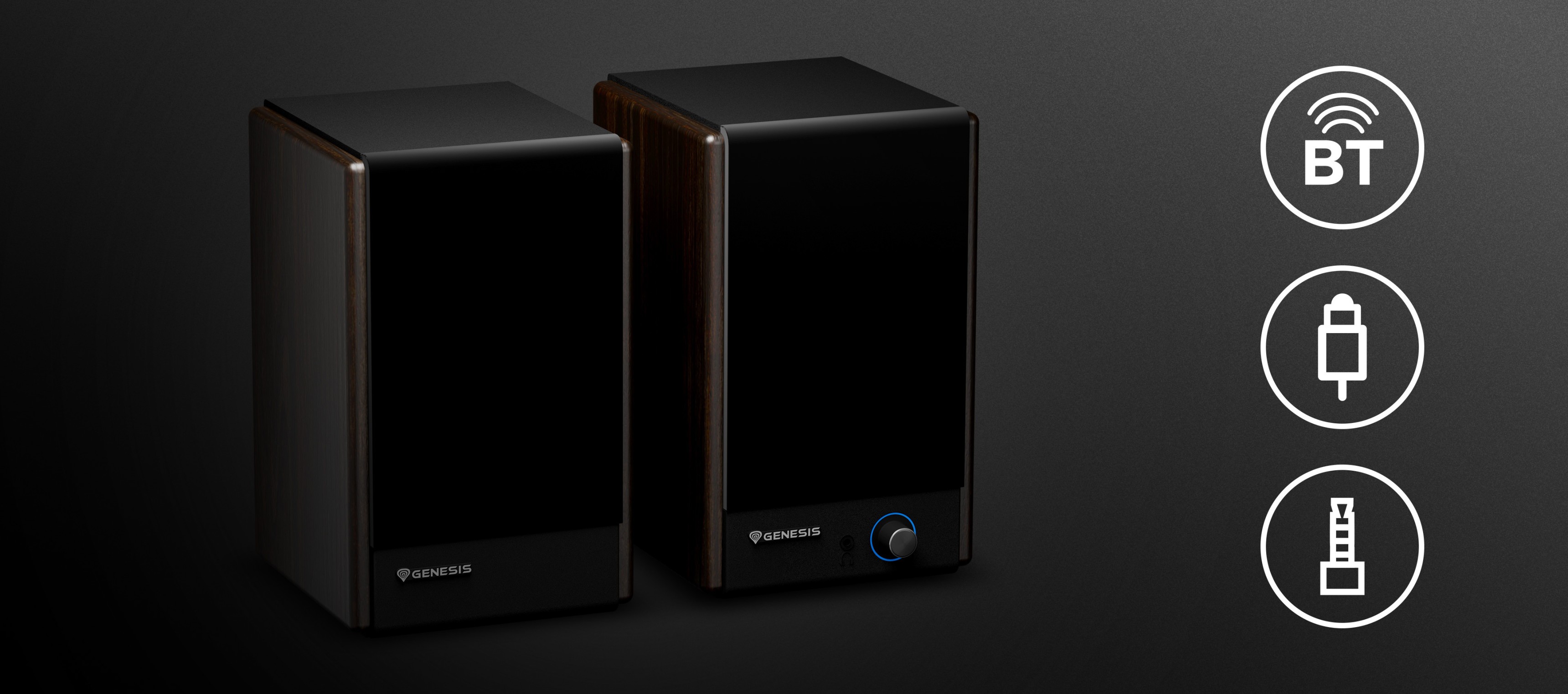 Two speaker units with a sleek design and a control knob on one of them.