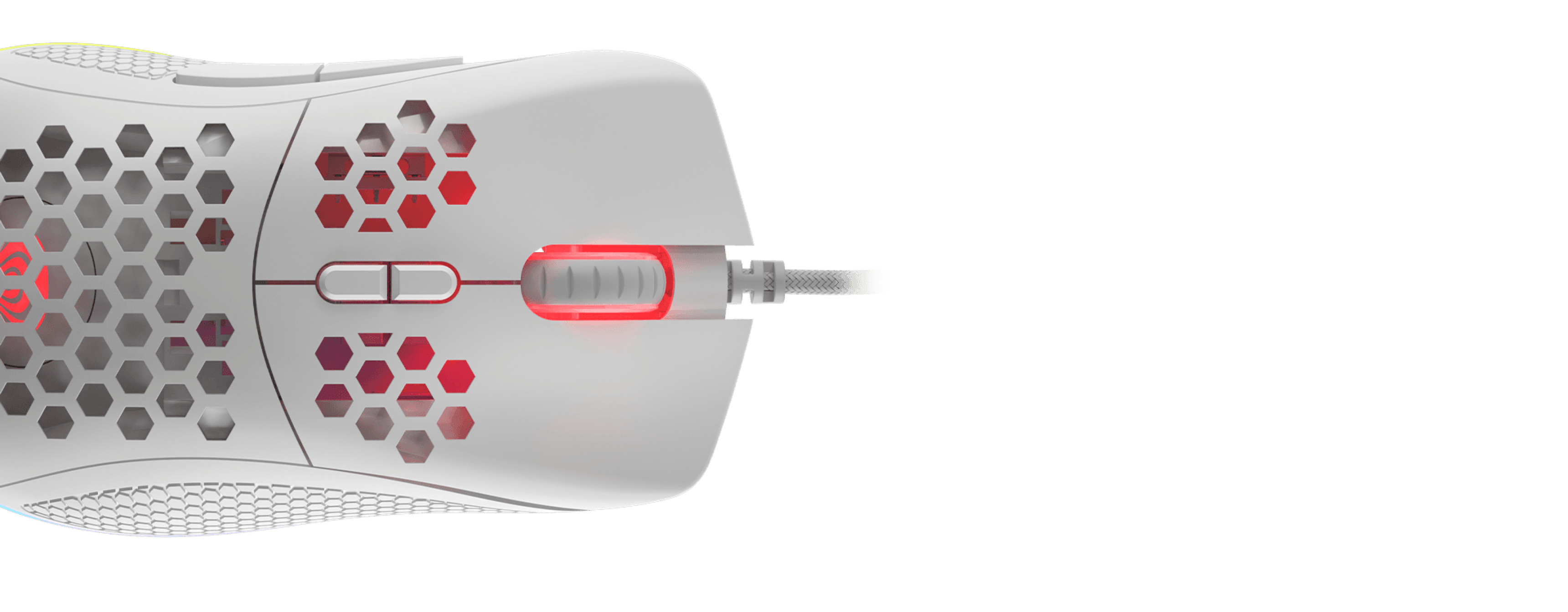 Gaming mouse with a connection cable, honeycomb design, and a glowing red light.
