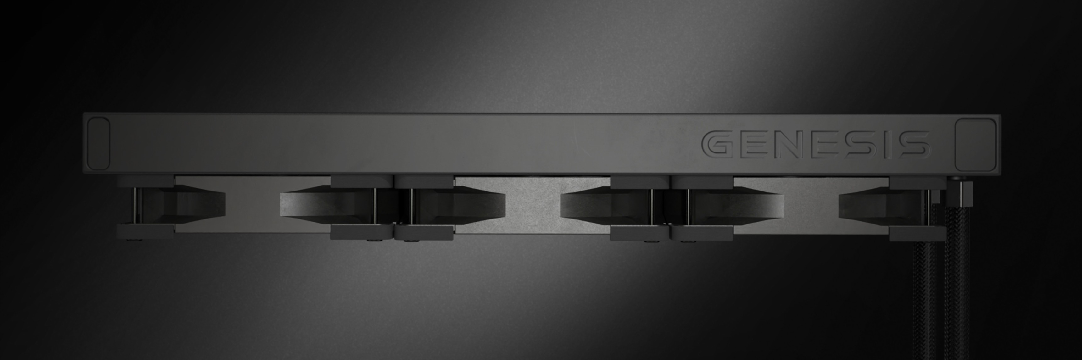 Black Genesis Hydria 360 water cooler with three fans visible on top. Sleek design highlighted against a dark background