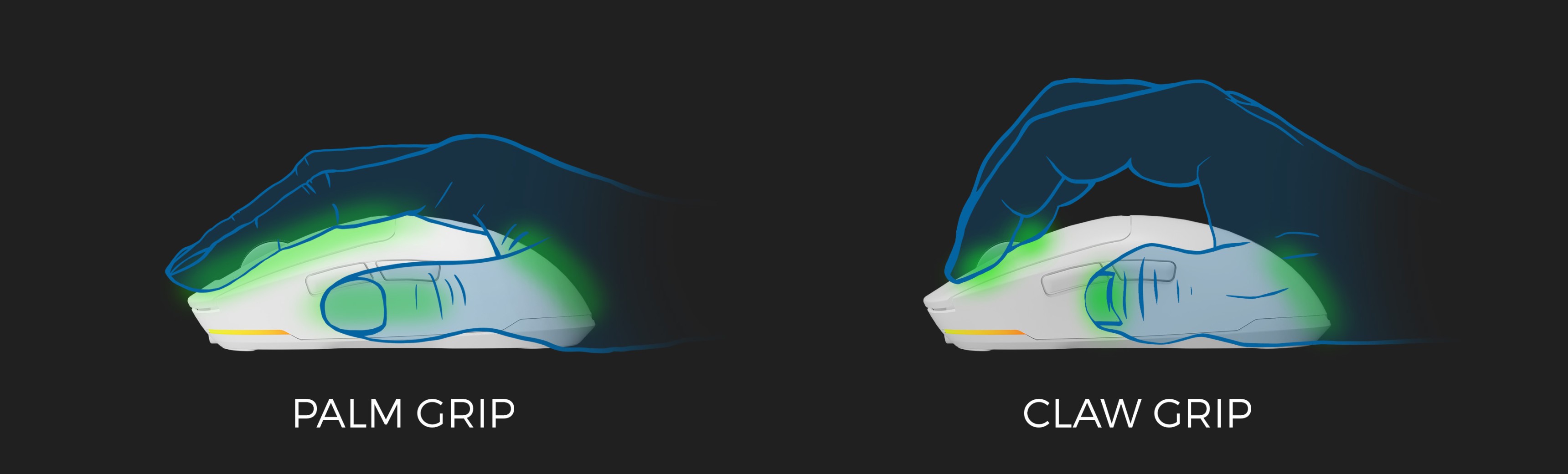 Illustration showing two grip styles for the Genesis Zircon 660 Pro gaming mouse: palm grip on the left and claw grip on the right